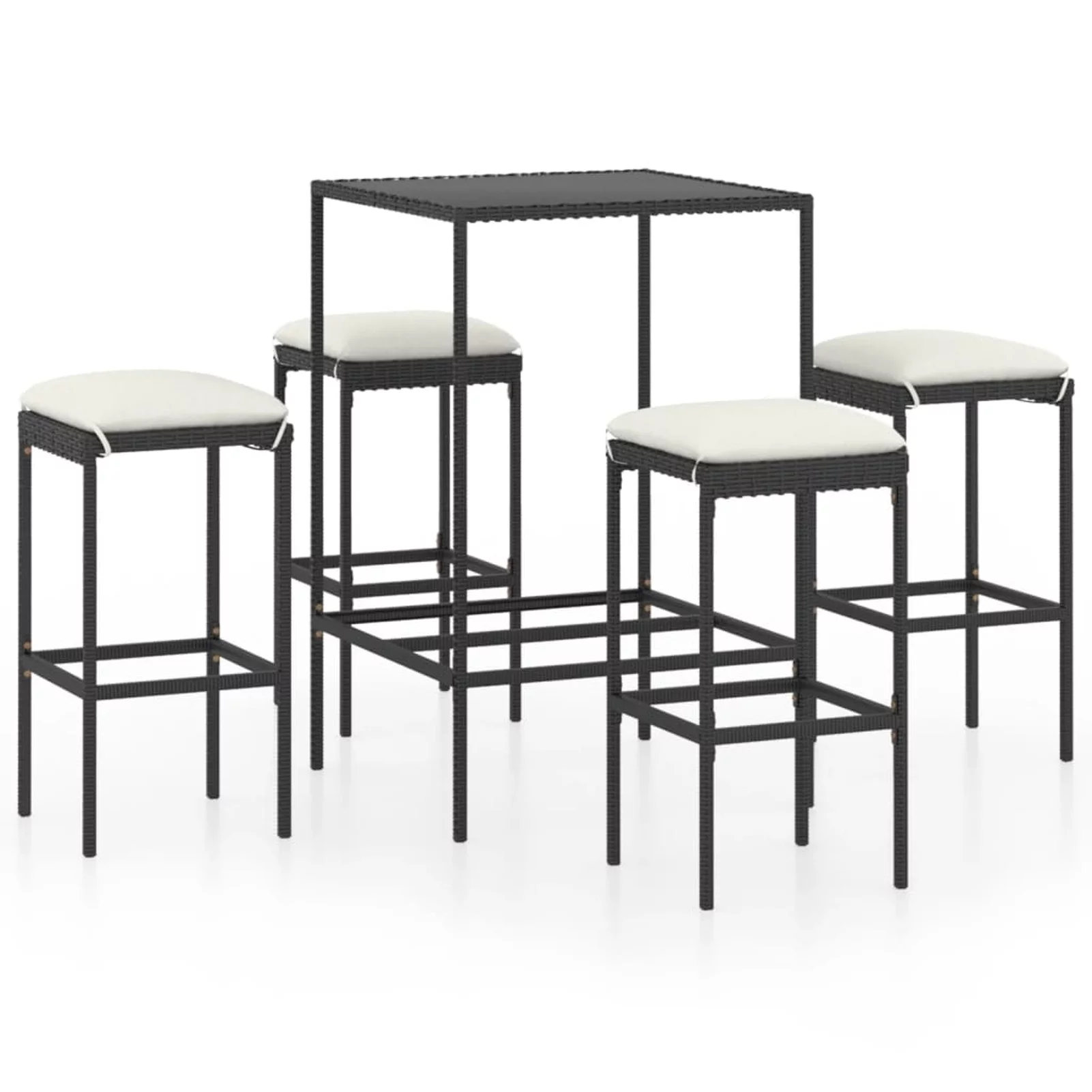 Anself 5 Piece Garden Bar Set Glass Tabletop Table and 4 Chairs with Cushion Black Poly Rattan  Dining Set for Bistro, Pub, Terrace, Patio, Balcony
