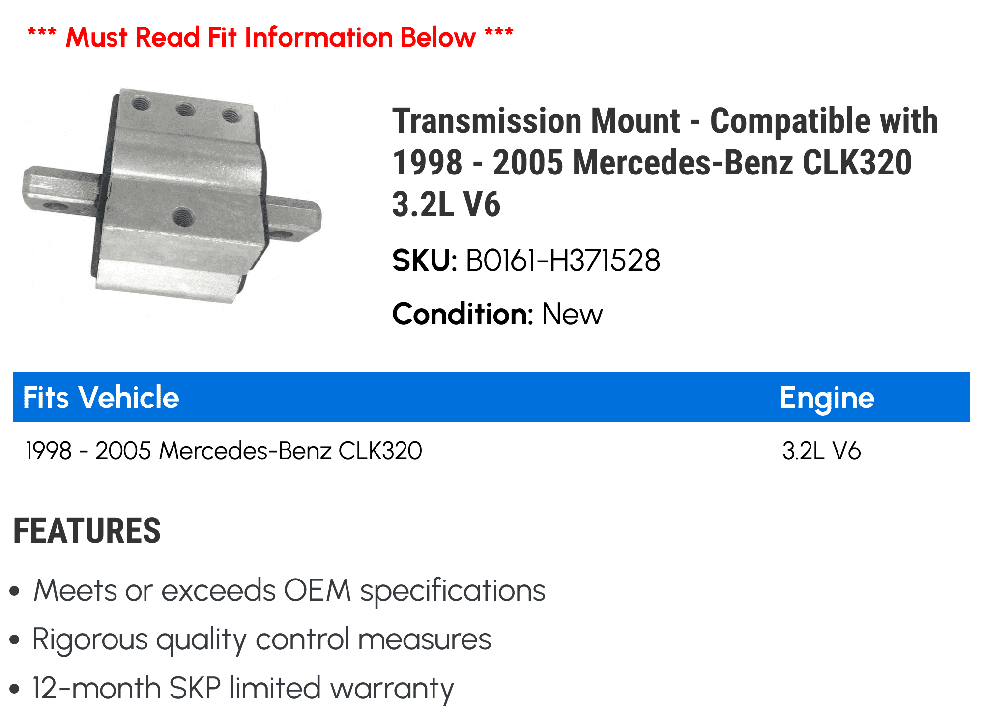 Transmission Mount - Compatible with 1998 - 2005 Mercedes-Benz CLK320 3.2L V6 1999 2000 2001 2002 2003 2004