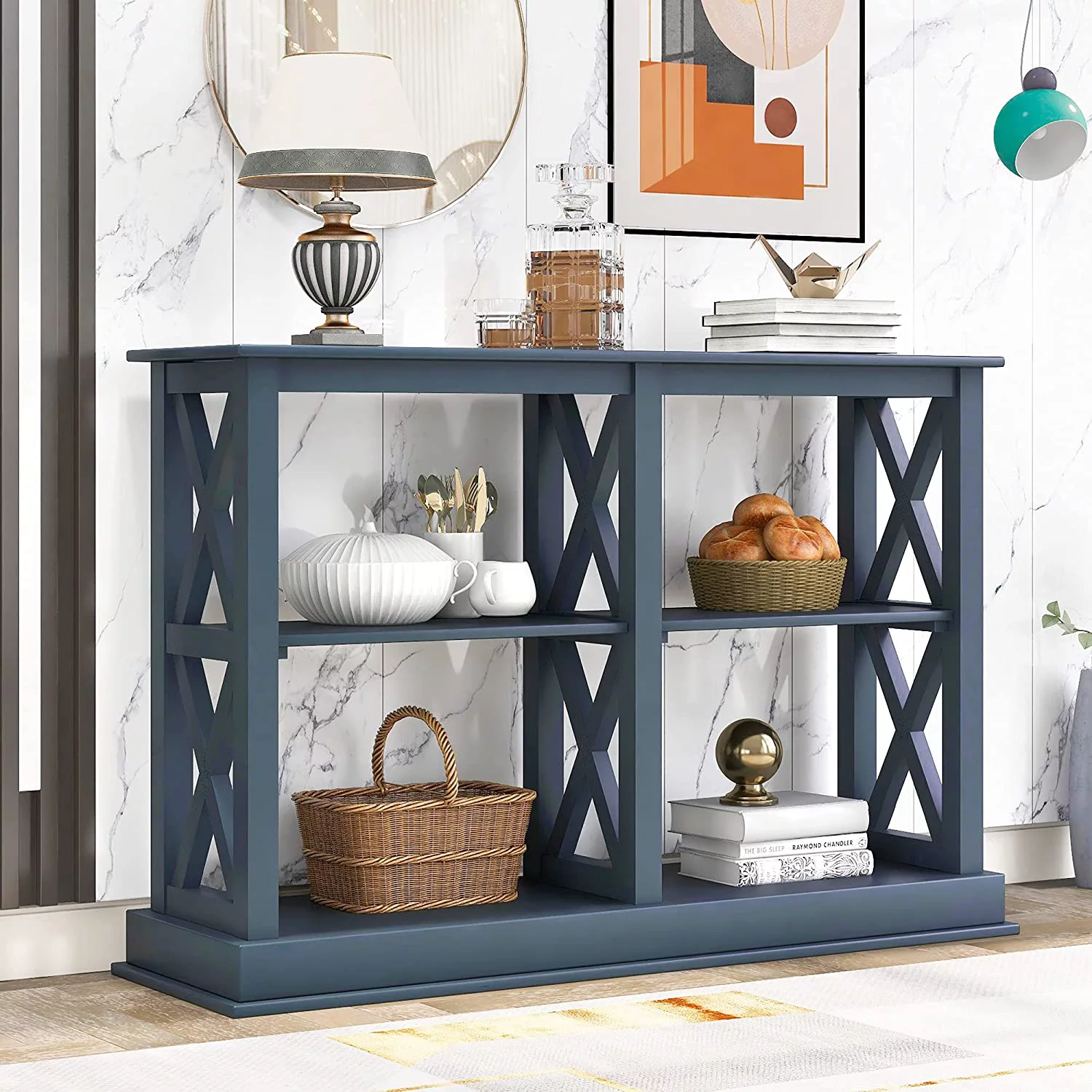 Narrow Entryway Table With 3 Tier Shelves, Console Table With Storage X-Shape-Design Bookshelf, Industrial Sofa Table For Entryway, Navy Blue