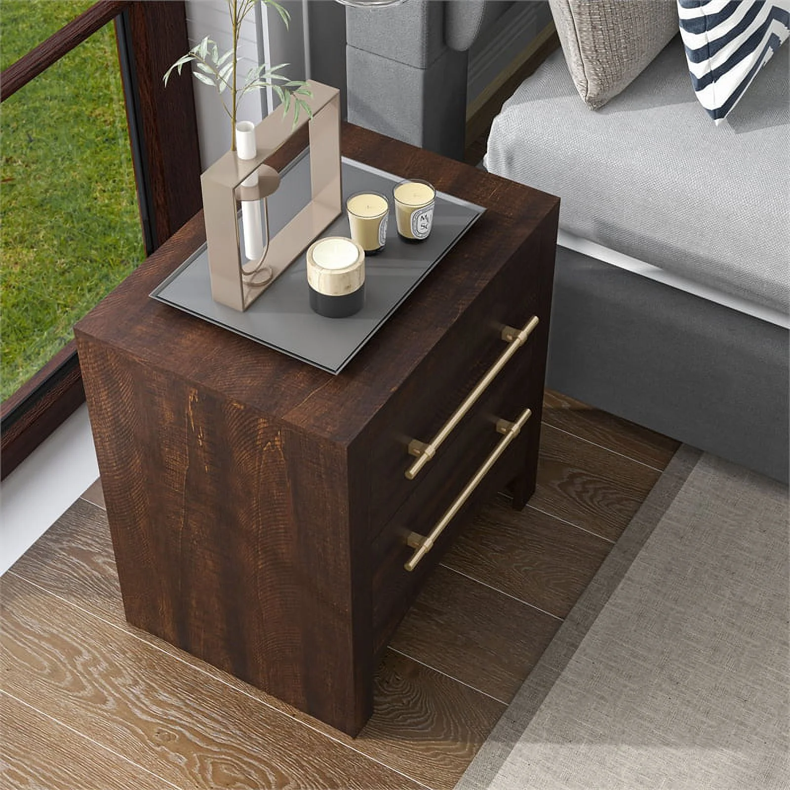 Home Square 3-Piece Set with 2 Nightstands and 5-Drawer Chest in Walnut