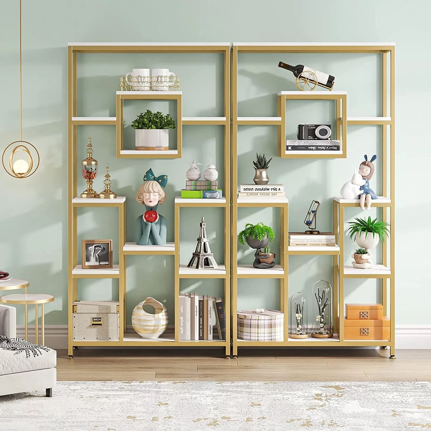 Lee 71 Inch Tall Bookshelf, Freestanding Geometric Bookcase, White and Gold
