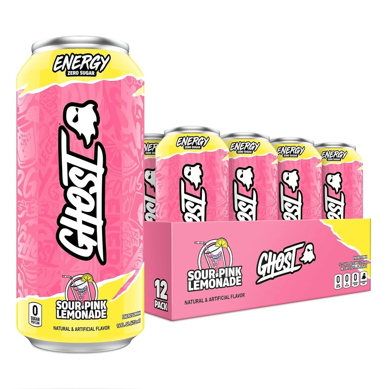 GHOST Zero Sugar Energy Drink, Sour Pink Lemonade, 16 oz Can, 12 Pk
