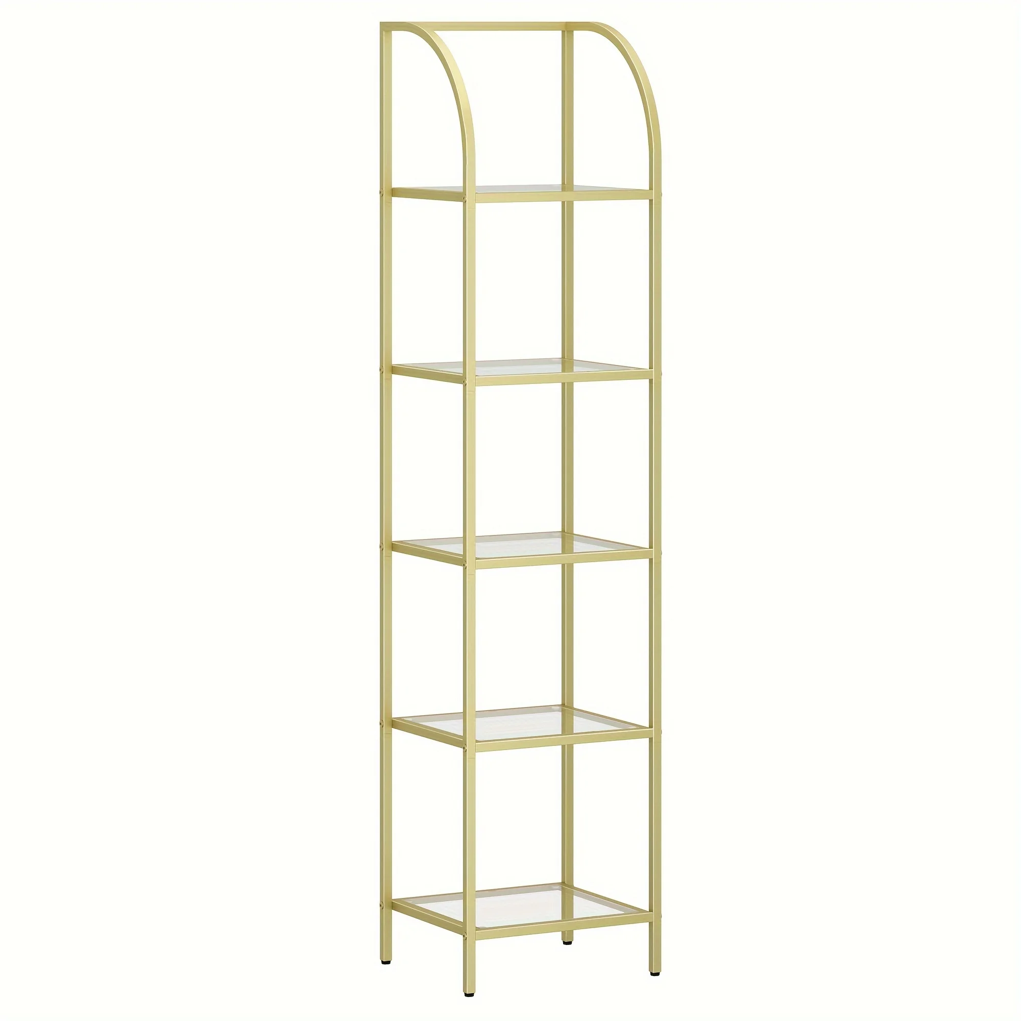 5 Tier Bookcase Bookshelf, Tempered Glass Arched Bookshelf for More Storage, Slim Shelving Unit for Bedroom, Bathroom, Home Office, Steel Frame, Gold