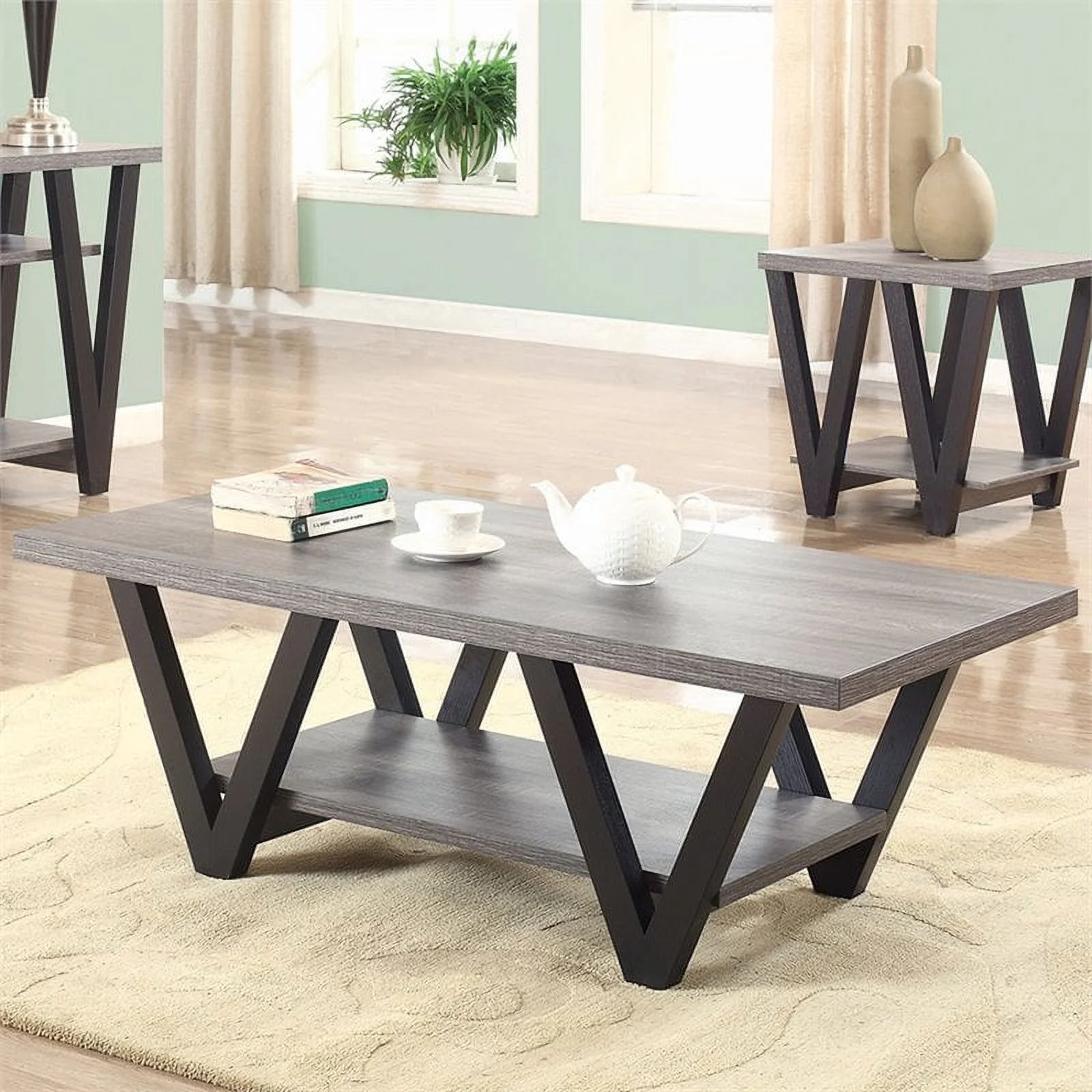 Pemberly Row V Shaped Coffee Table in Gray and Black