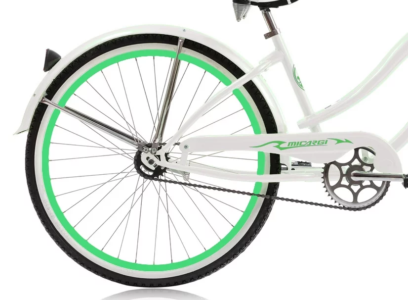 Wonder Wheels 26 In. Beach Cruiser Coaster Brake Single Speed Bicycle, Bike, Stainless Steel Spokes One Piece Crank Alloy Rims 36 H With Fenders - White