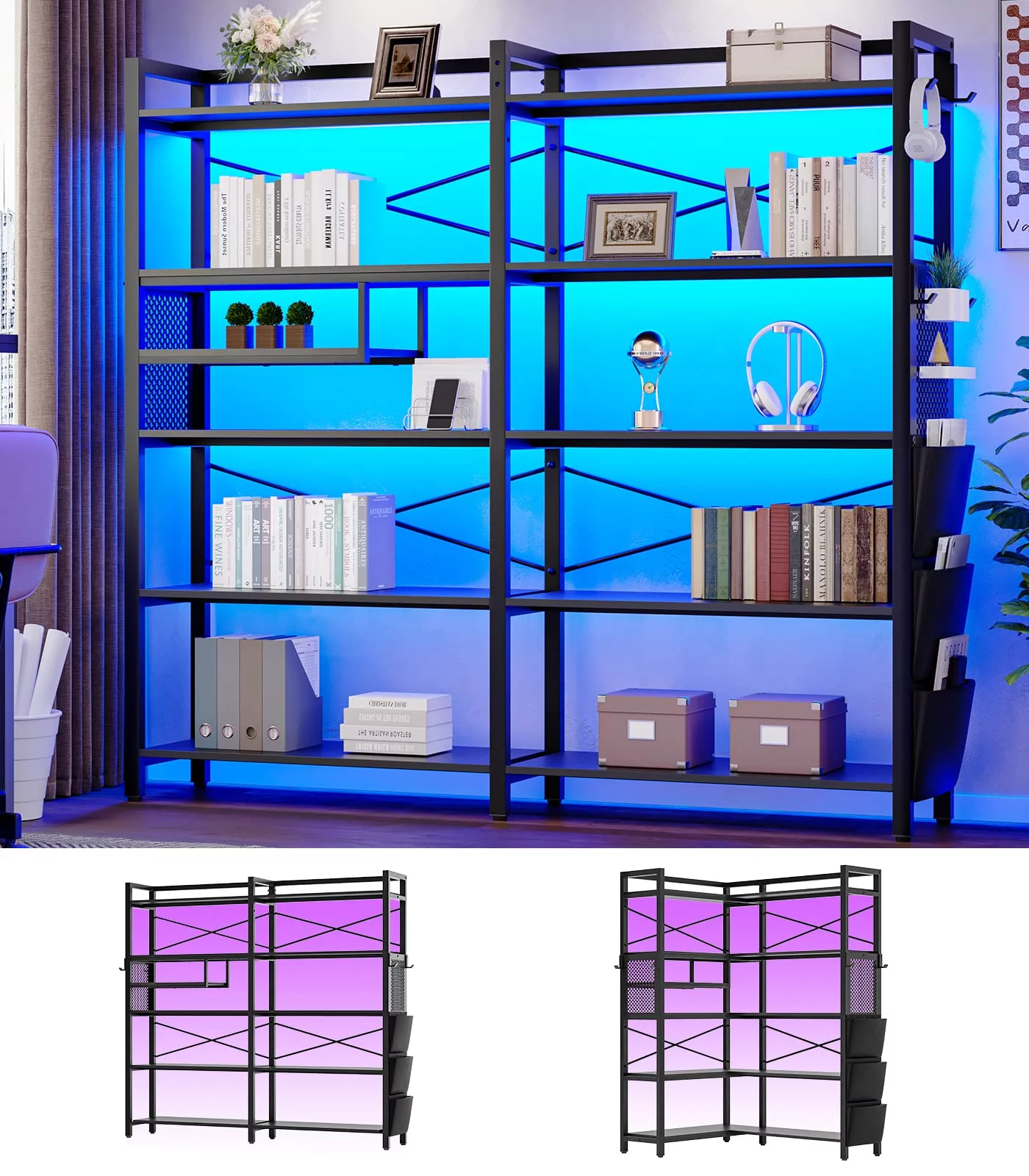 5-Tier Bookcase Bookshelf Reversible Corner Book Shelf with LED Lights and Storage Bag,Storage Shelves for Bedroom, Black