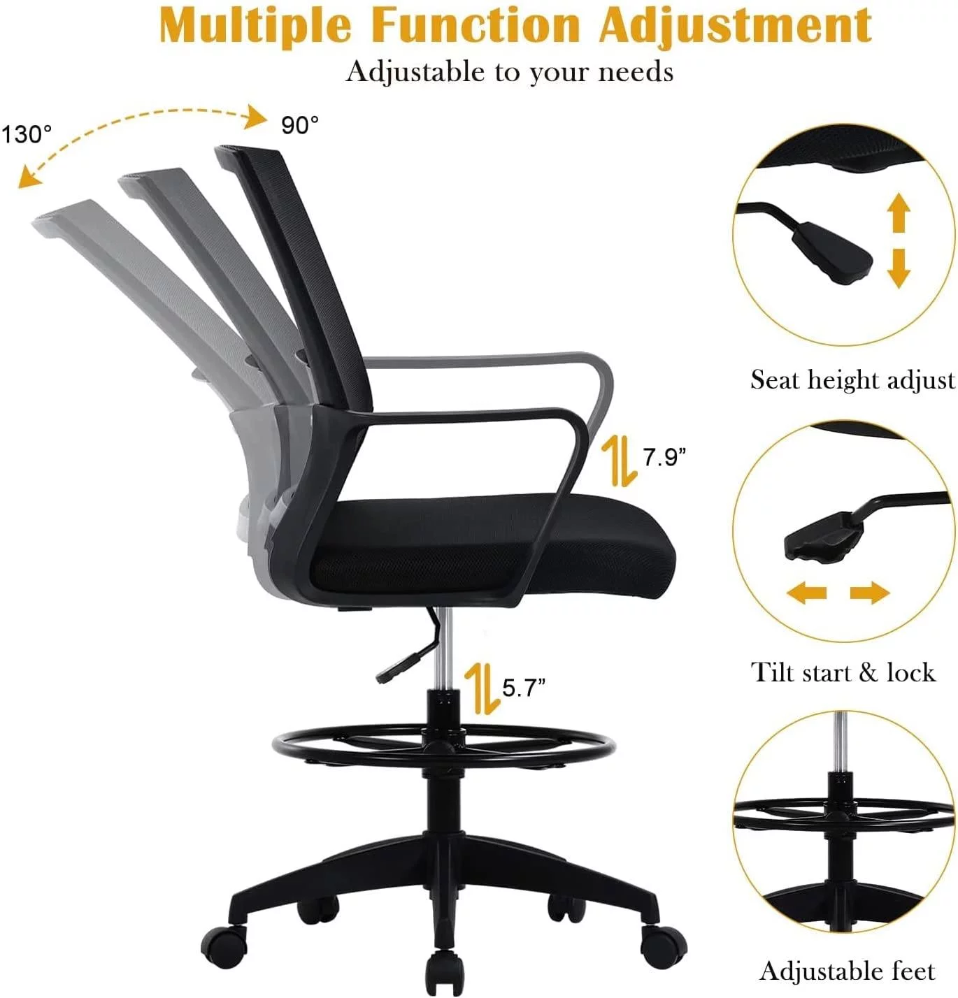 Drafting Chair Office Chair Mesh Computer Chair Swivel Task Desk Chair