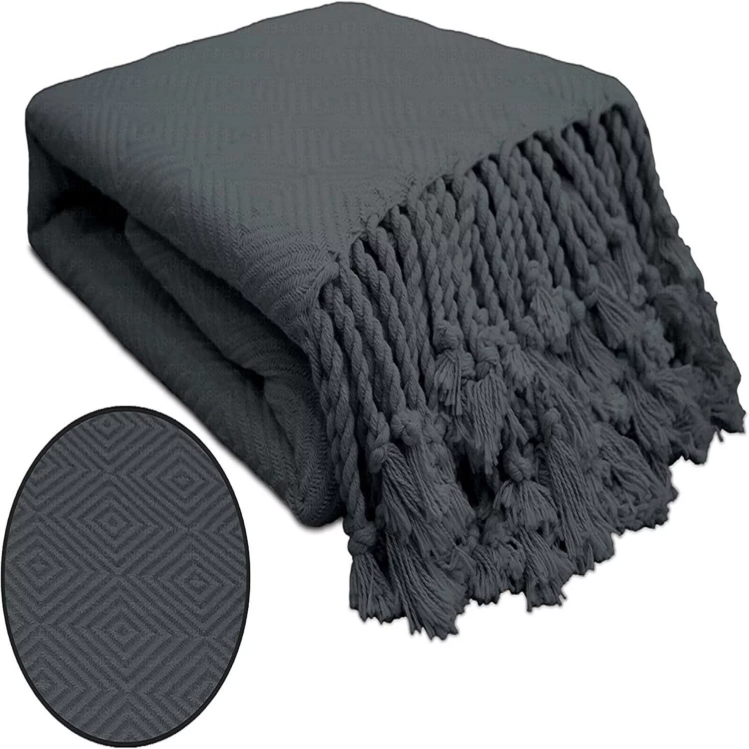 100% Ring Spun Cotton Diamond Throws Blankets Hand Woven with Fringe Super Soft 50''x60'' Grey