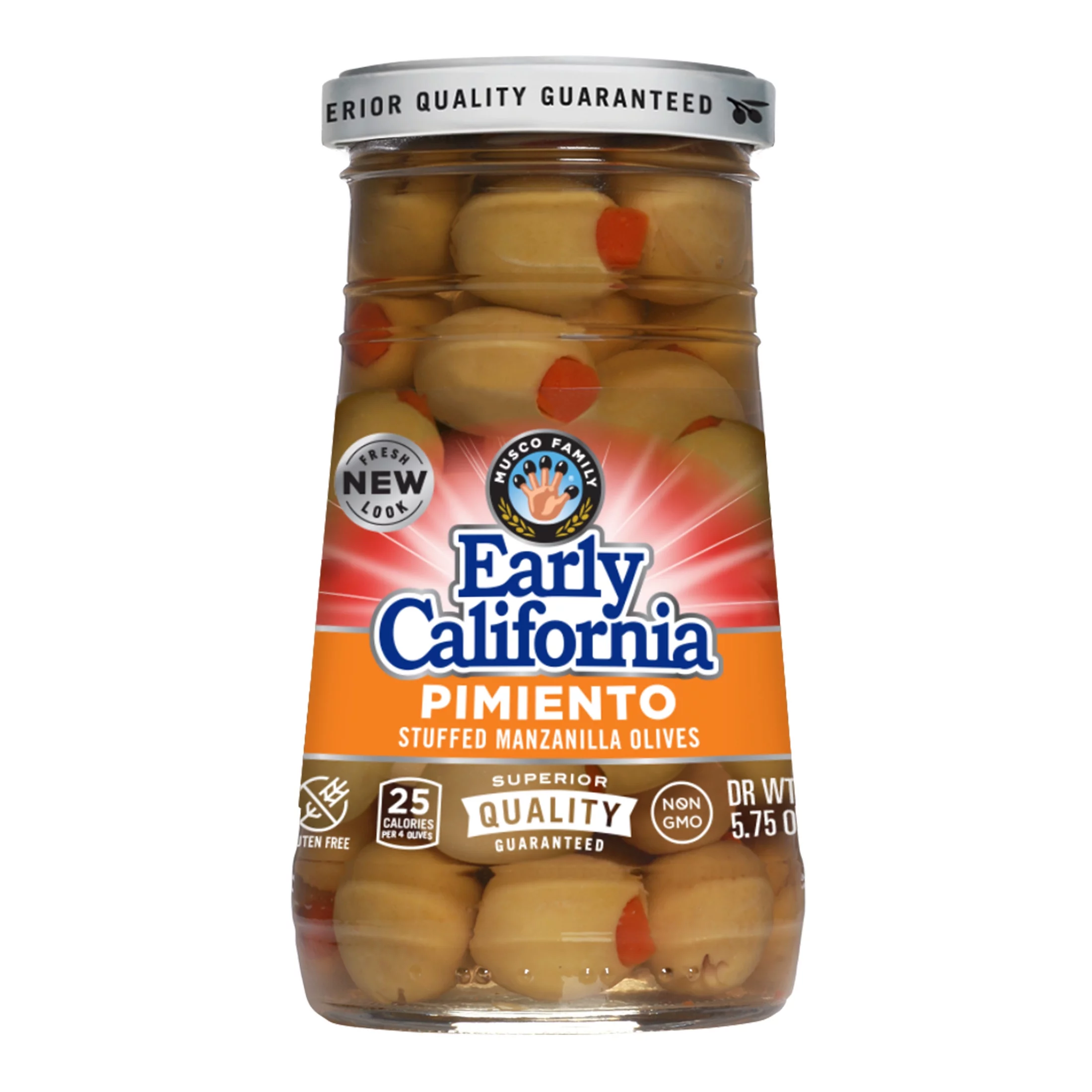 Early California Pimiento Stuffed Manzanilla Olives, 5.75 oz Jar.  Allergens Not Contained.