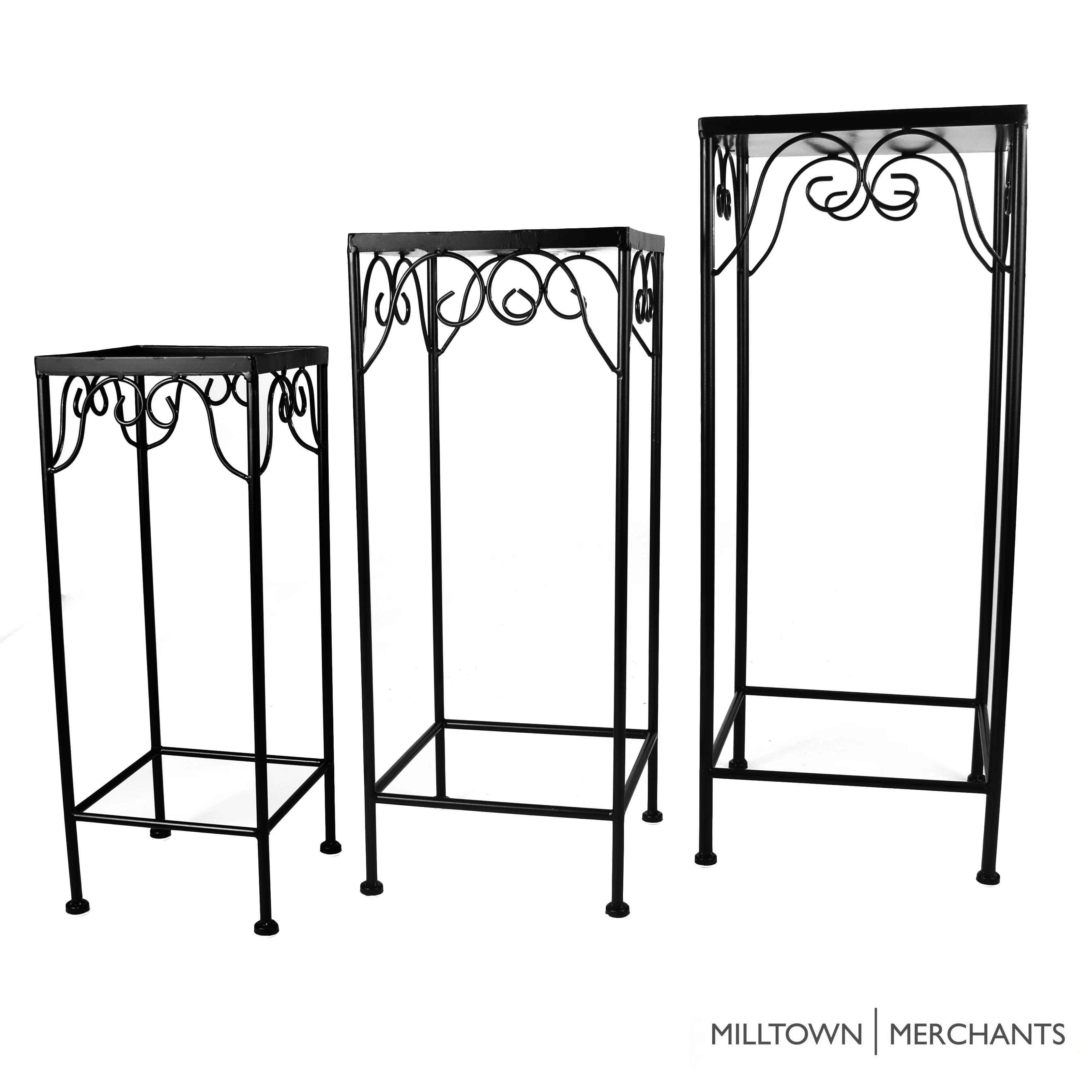 Milltown Merchants Indoor/Outdoor Plant Stand - Nesting Accent Side Table For Potted Plants  - Black Metal Decorative Patio Stand With Curved Scrollwork
