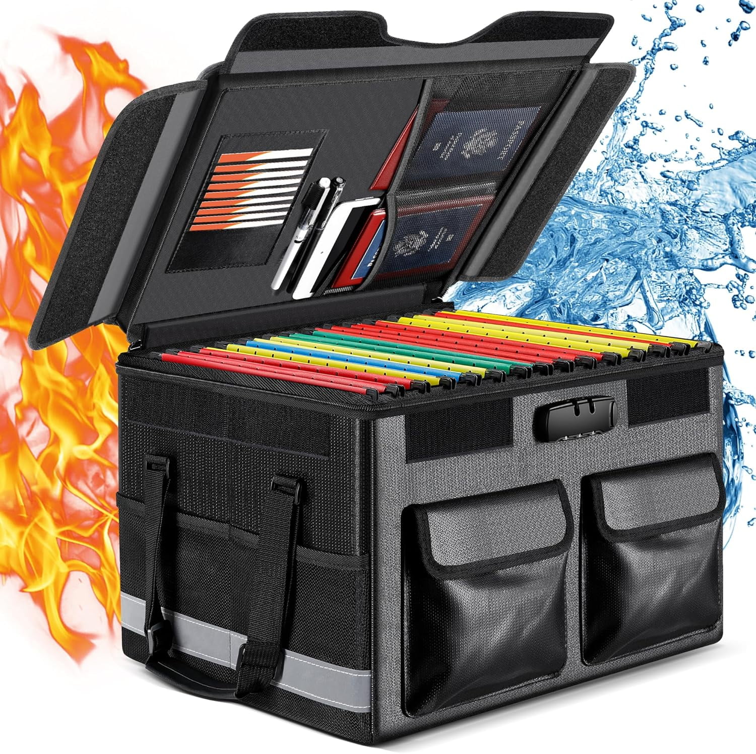 Fireproof Document Box with Lock, Portable File Organizer Storage Box with Lid for Hanging Letter/Legal Size File Folders, Collapsible Fire proof Waterproof Safe Box for File Cabinet Home Office