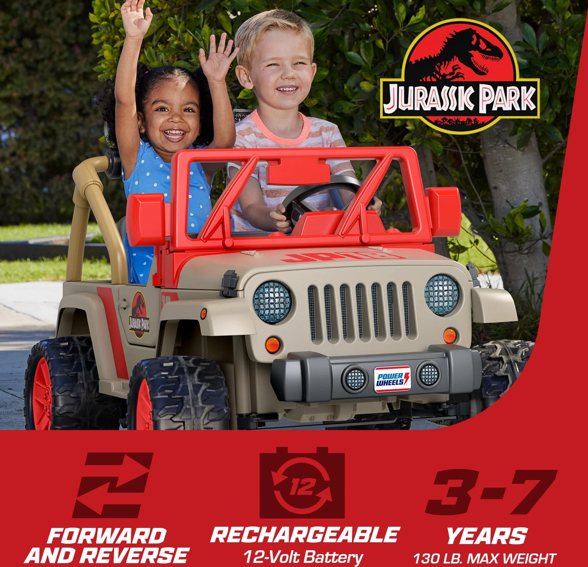 Power Wheels Jurassic Park Jeep Wrangler Battery Powered Ride-on Toy, 12 V, Max Speed: 5 mph
