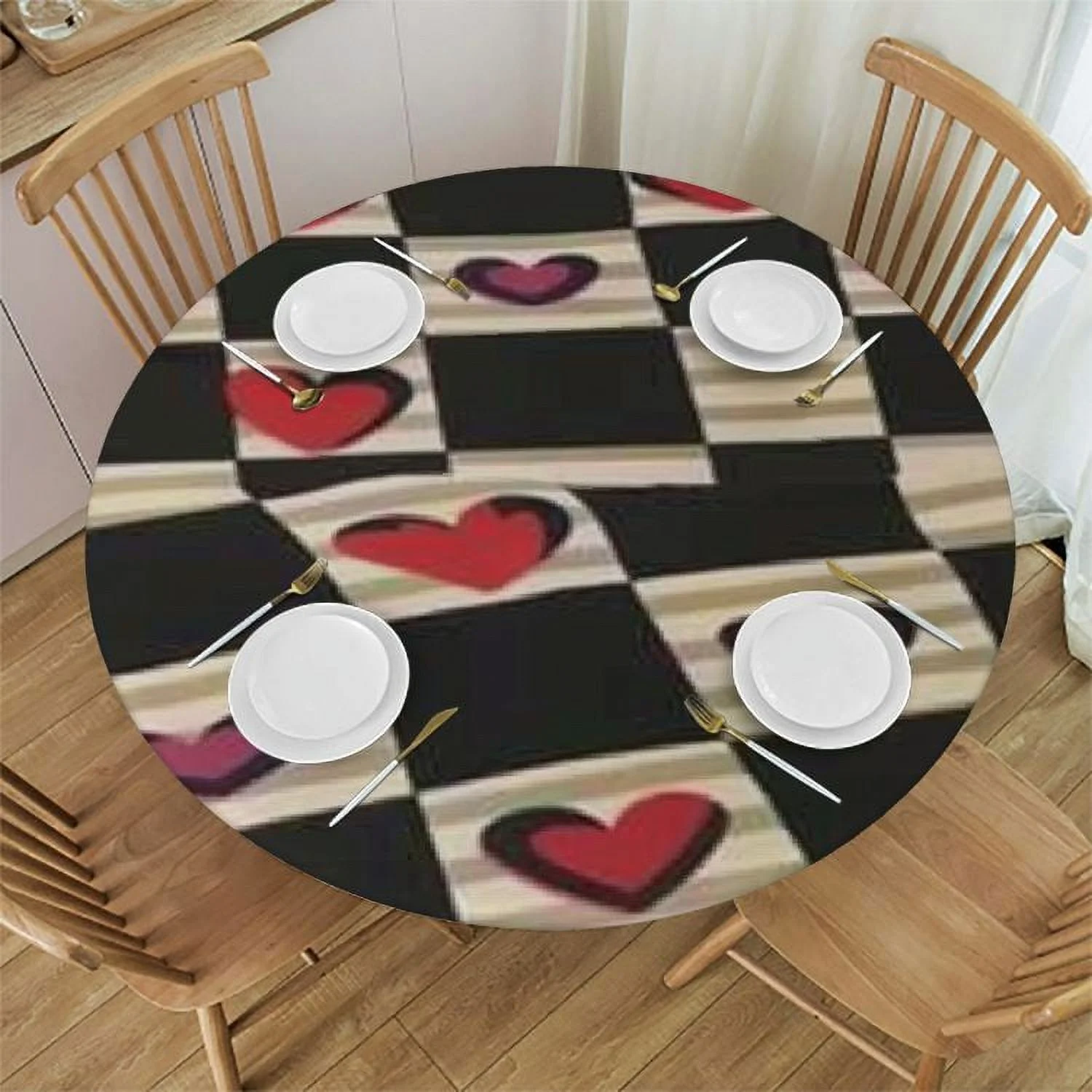 PRATYUS Checkered Valentines Tablecloth Round ,Black Plaid Table Cloth,Stain Resistance Polyester Red Heart Valentine's Day Table Covers for Kitchen Dining,Tablecloth for Parties Picnic White