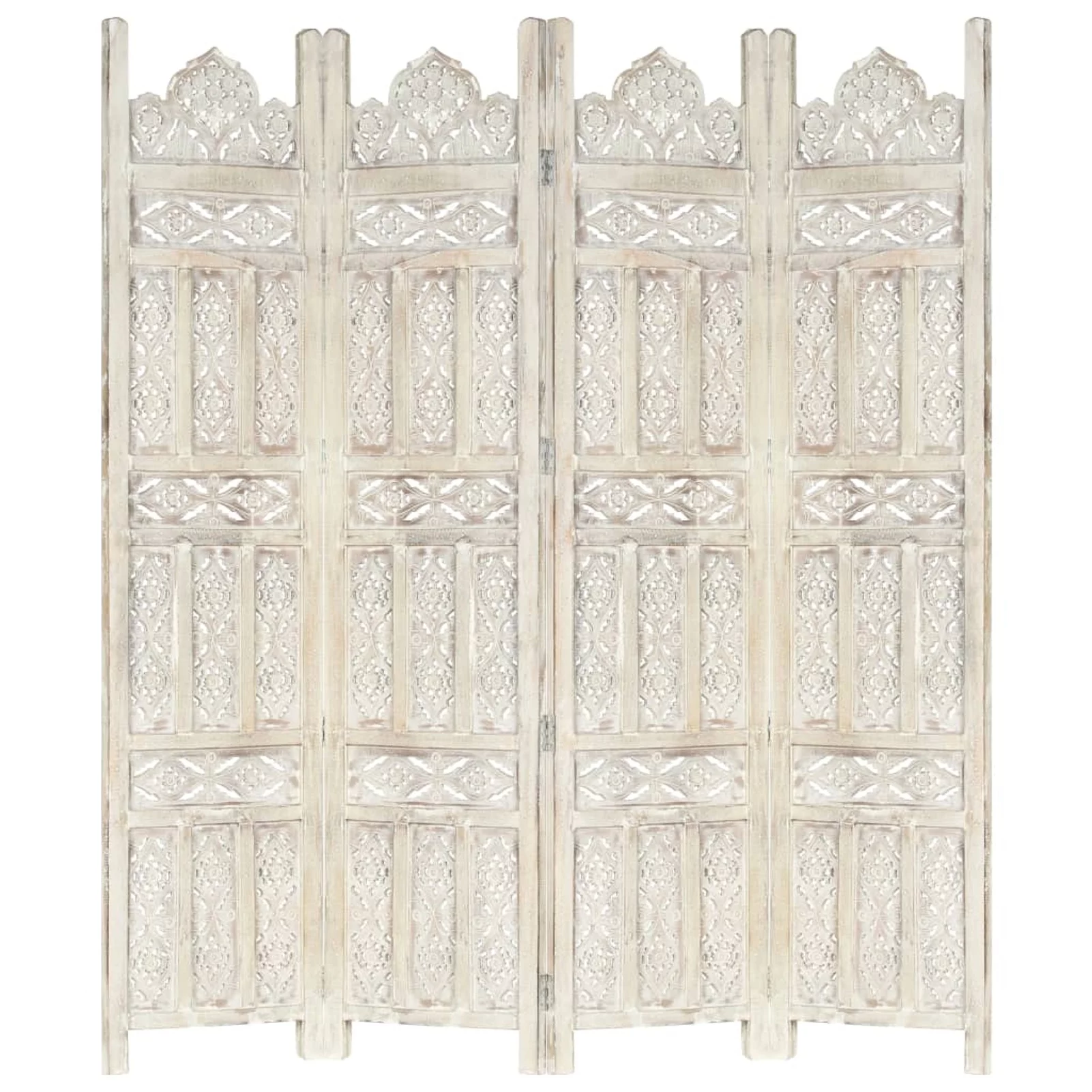 Anself Hand Carved 4-Panel Room Divider Wooden Room Partition Panel Mango Wood Folding Screen White for Bedroom, Bathroom, Living Room, Kitchen, Home Furniture 63in x 65in (W x H)