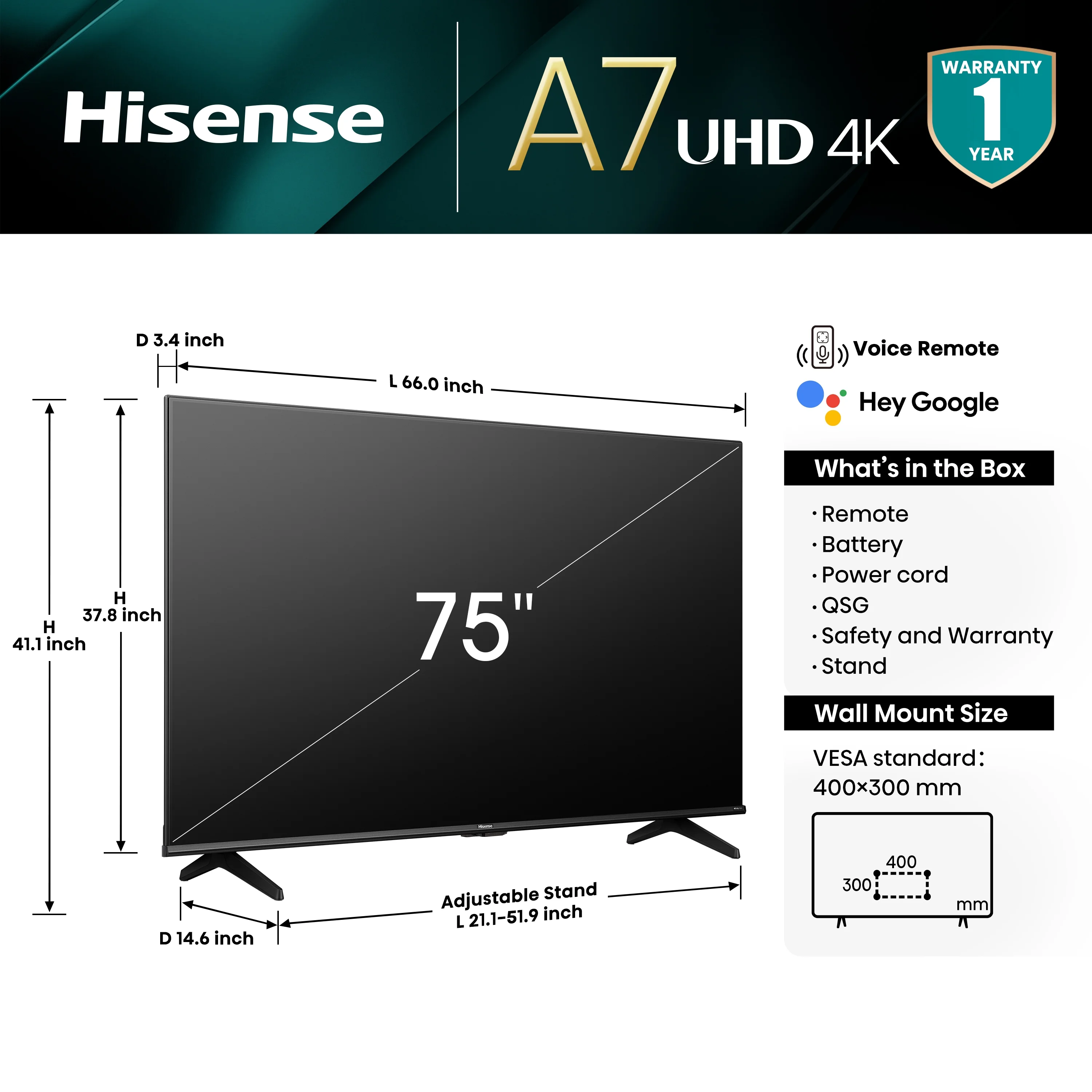 Hisense 75-Inch Class A7 Series Dolby Vision HDR 4K UHD Google Smart TV (75A7N)