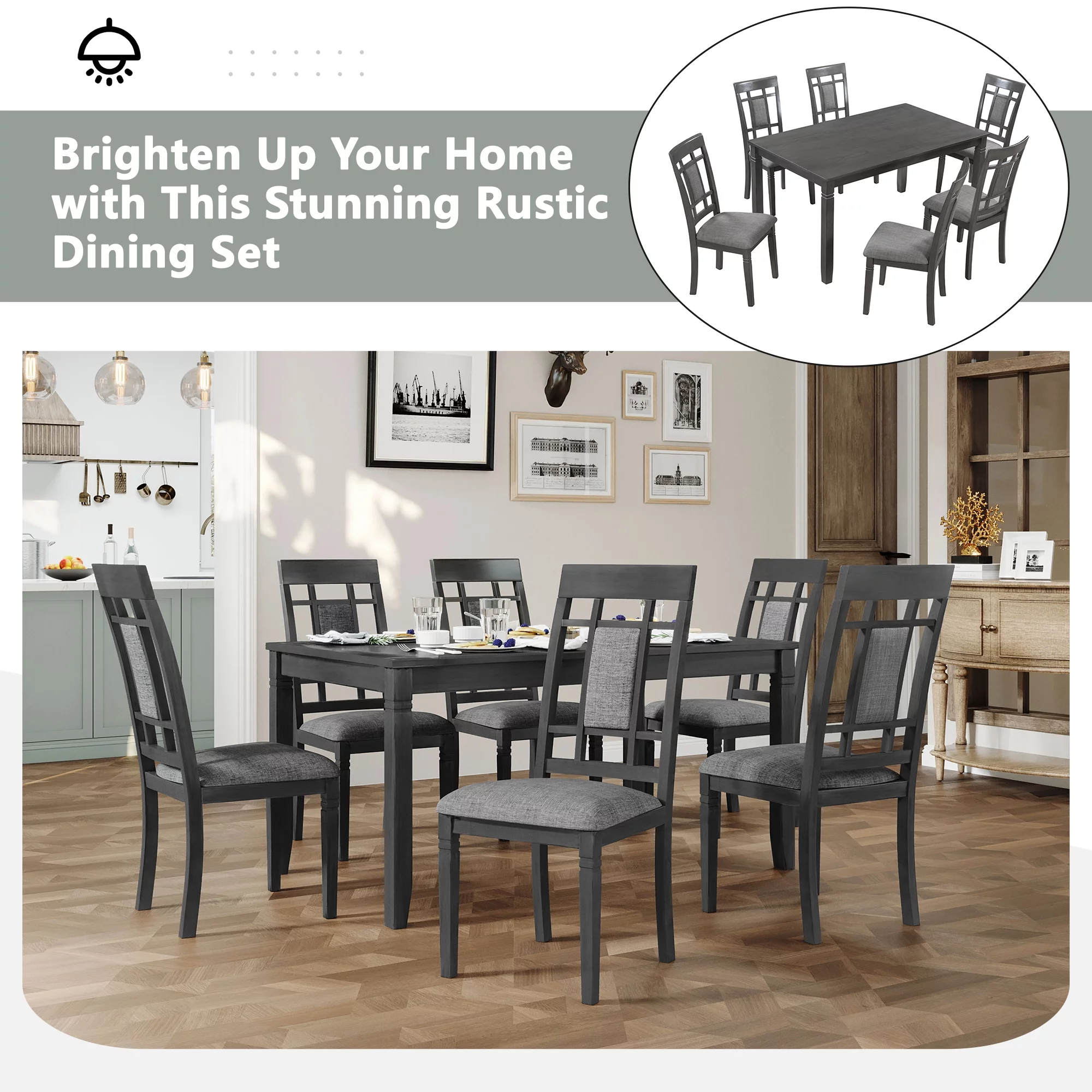 CoSoTower 7-Piece Farmhouse Rustic Wooden Dining Table Set Kitchen Furniture Set with 6 Padded Dining Chairs, Gray