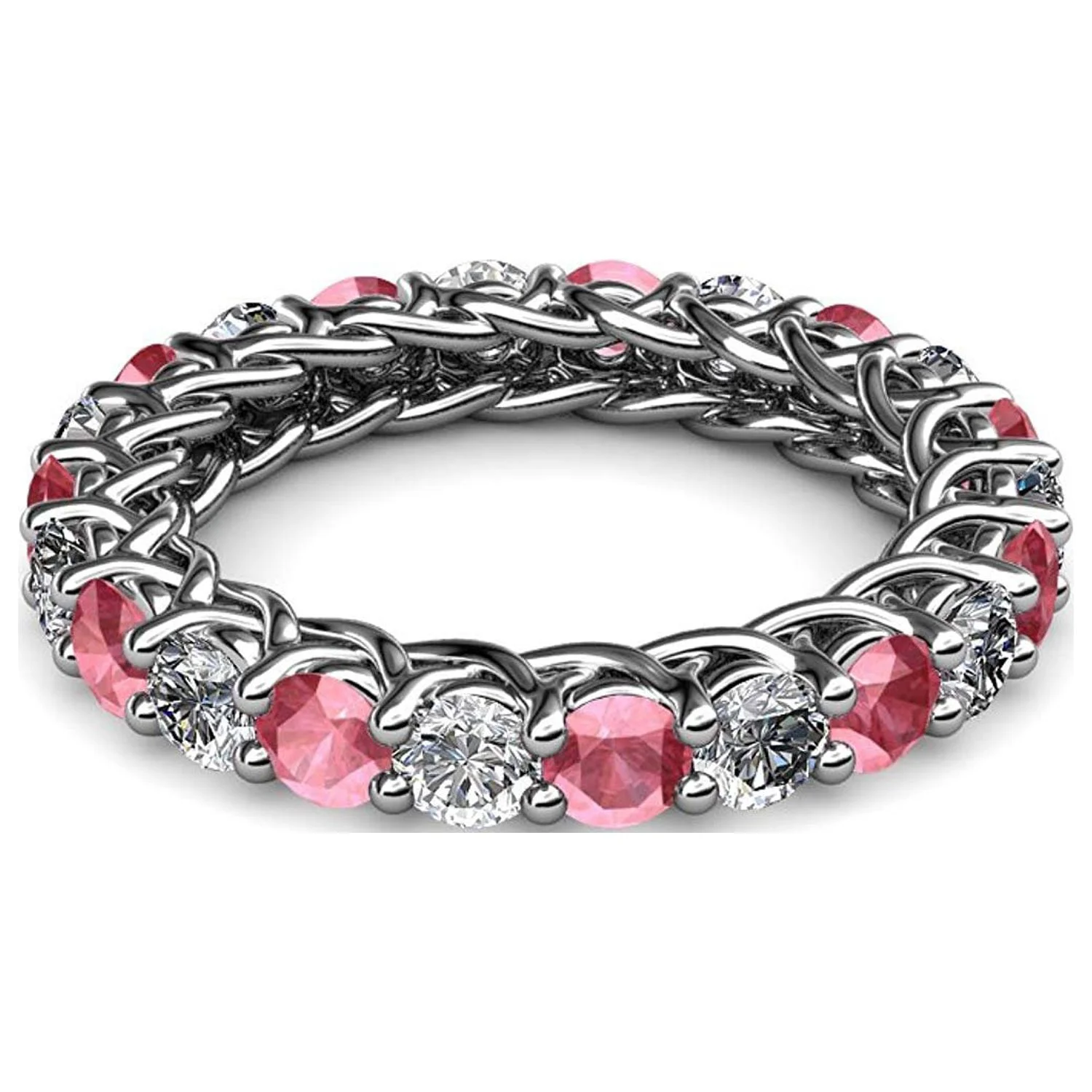 Pink Tourmaline and Diamond 3.4mm Gallery Eternity Band 2.76 cttw to 3.19 cttw in 14K White Gold.size 4.0