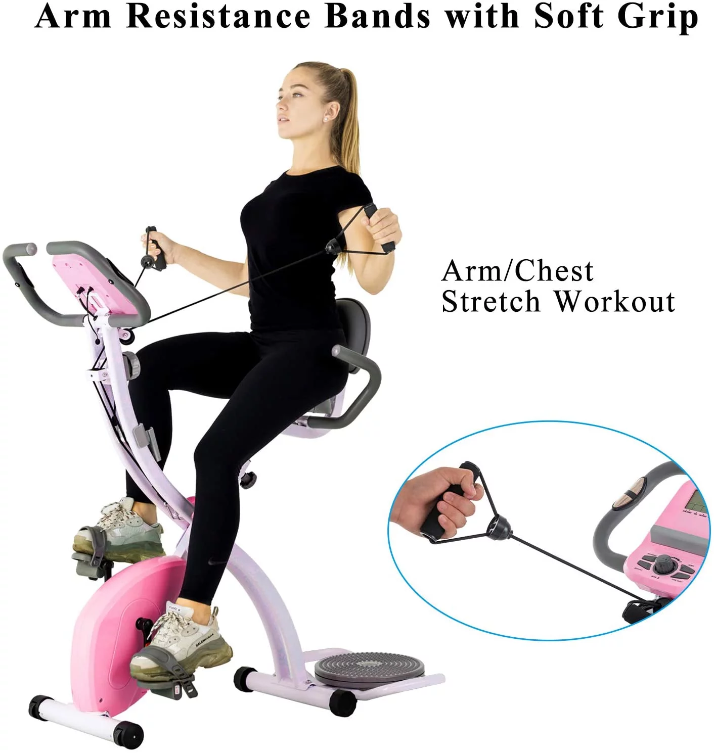 Murtisol Stationary Bike - Folding Indoor Exercise Bike with Twister Plate, Arm Resistance Bands, Extra Large&Adjustable Seat and Heart Monitor - Perfect Home Exercise Machine for Cardio, Pink