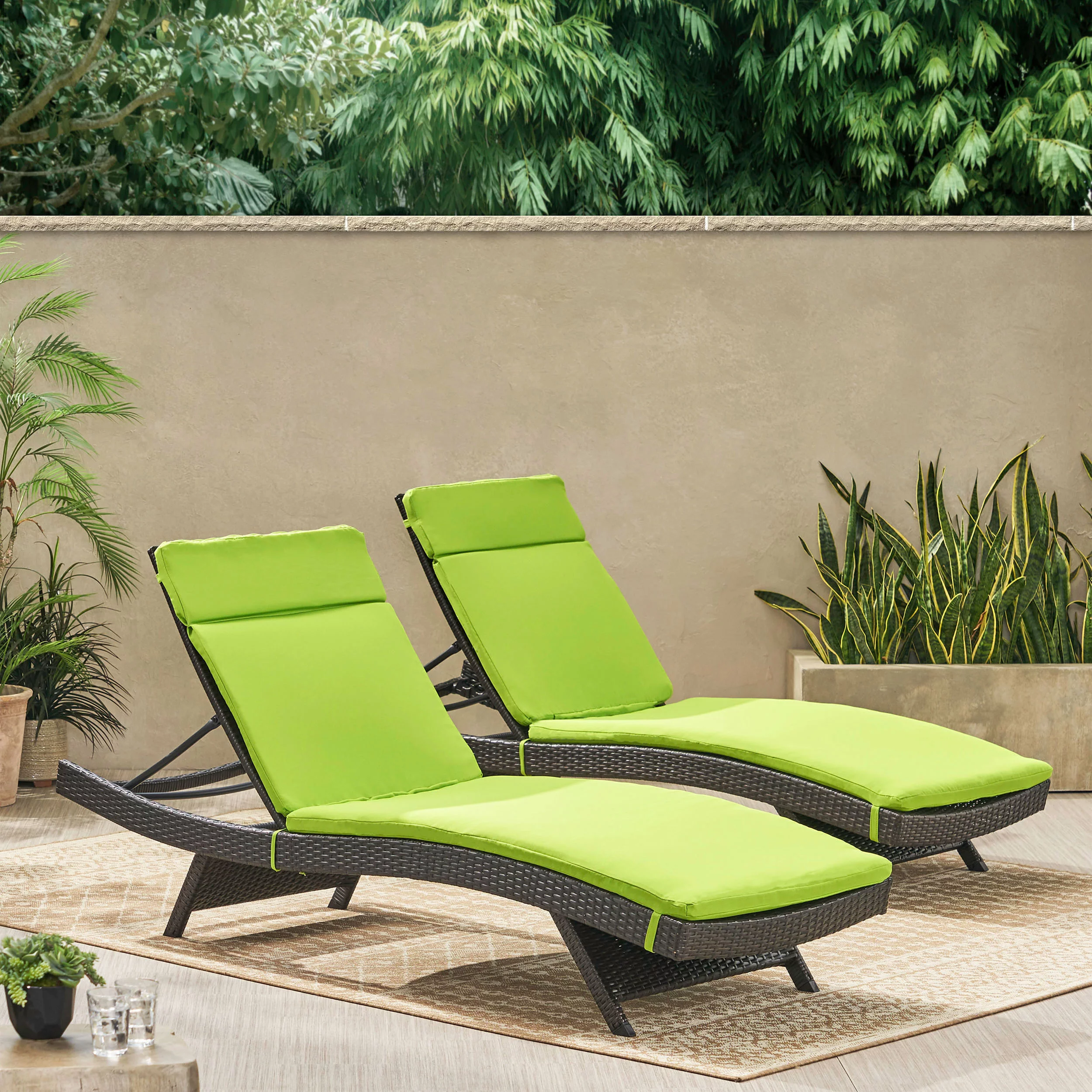 GDF Studio Olivia Outdoor Water Resistant Fabric Chaise Lounge Cushions, Set of 2, Green