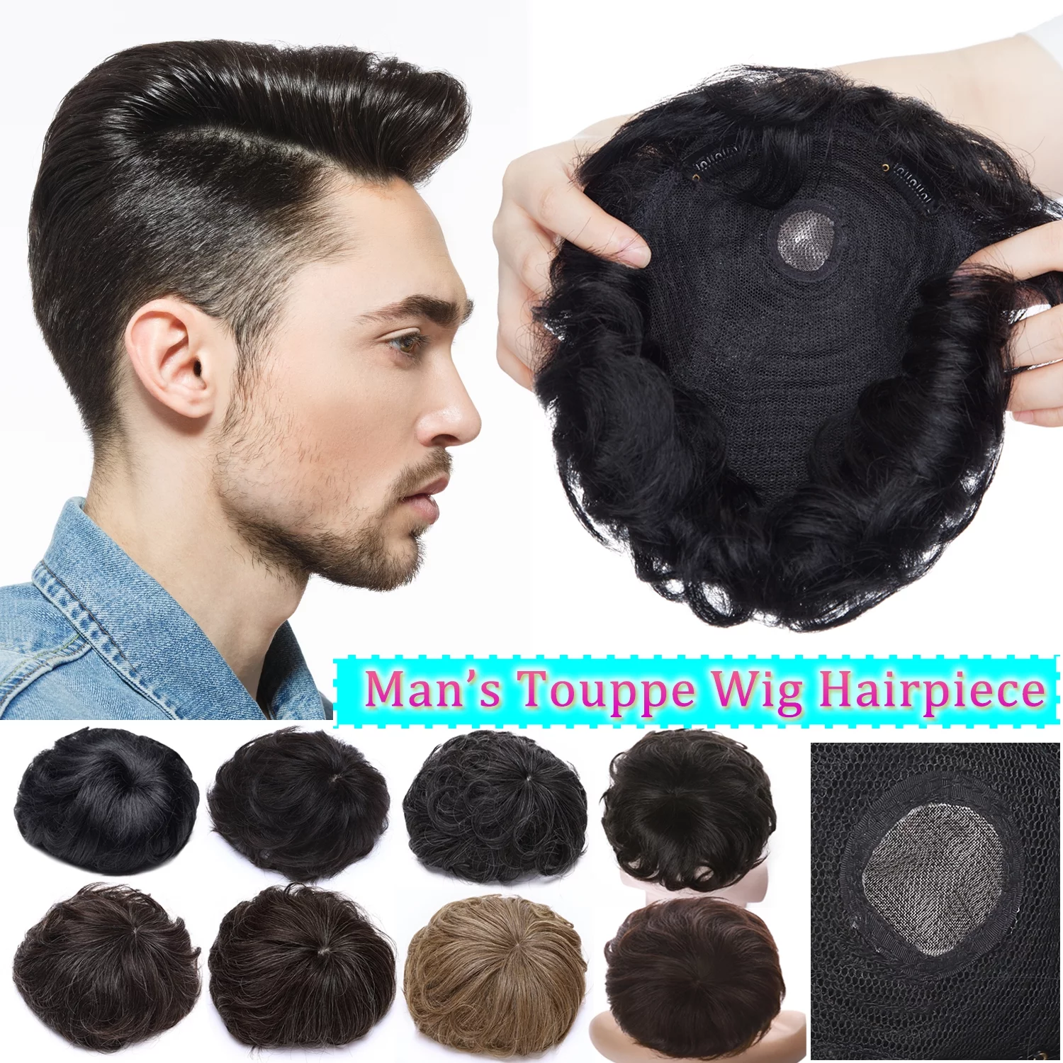 Benehair 100% Remy Human Hair Extensions Mens Hair Replacement System Toupee Hairpieces Clip in 4 Clips Black