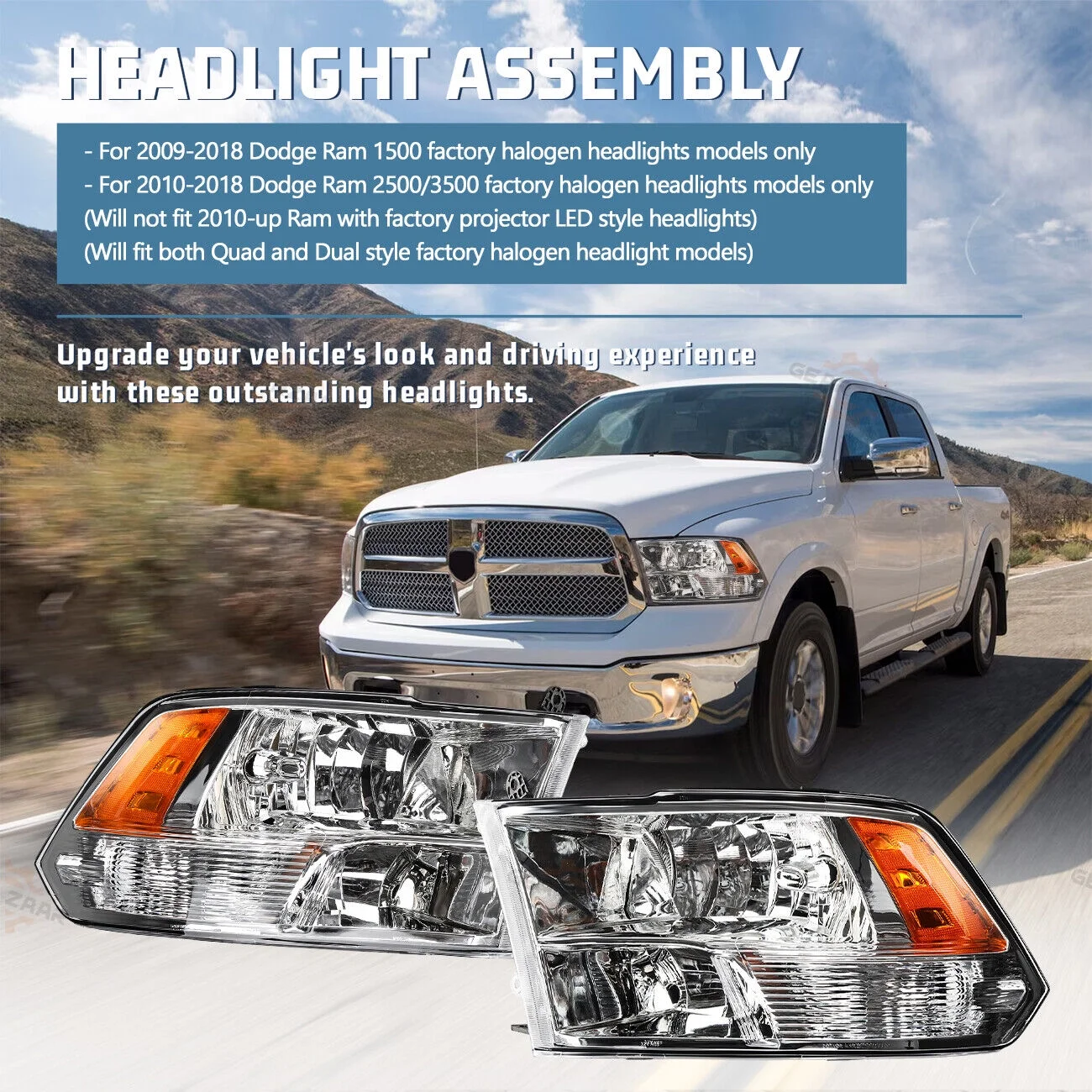 Headlamps For 2009-2018 Dodge Ram 1500 2500 3500 Quad Chrome Headlights 09-18