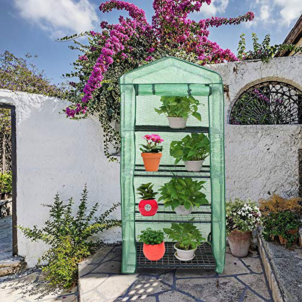 4-Tier Mini Greenhouse Portable Garden Grow Plants Flower Seedings Green House w/PE Cover, Roll-Up Zipper Door and Metal Frame 27.25