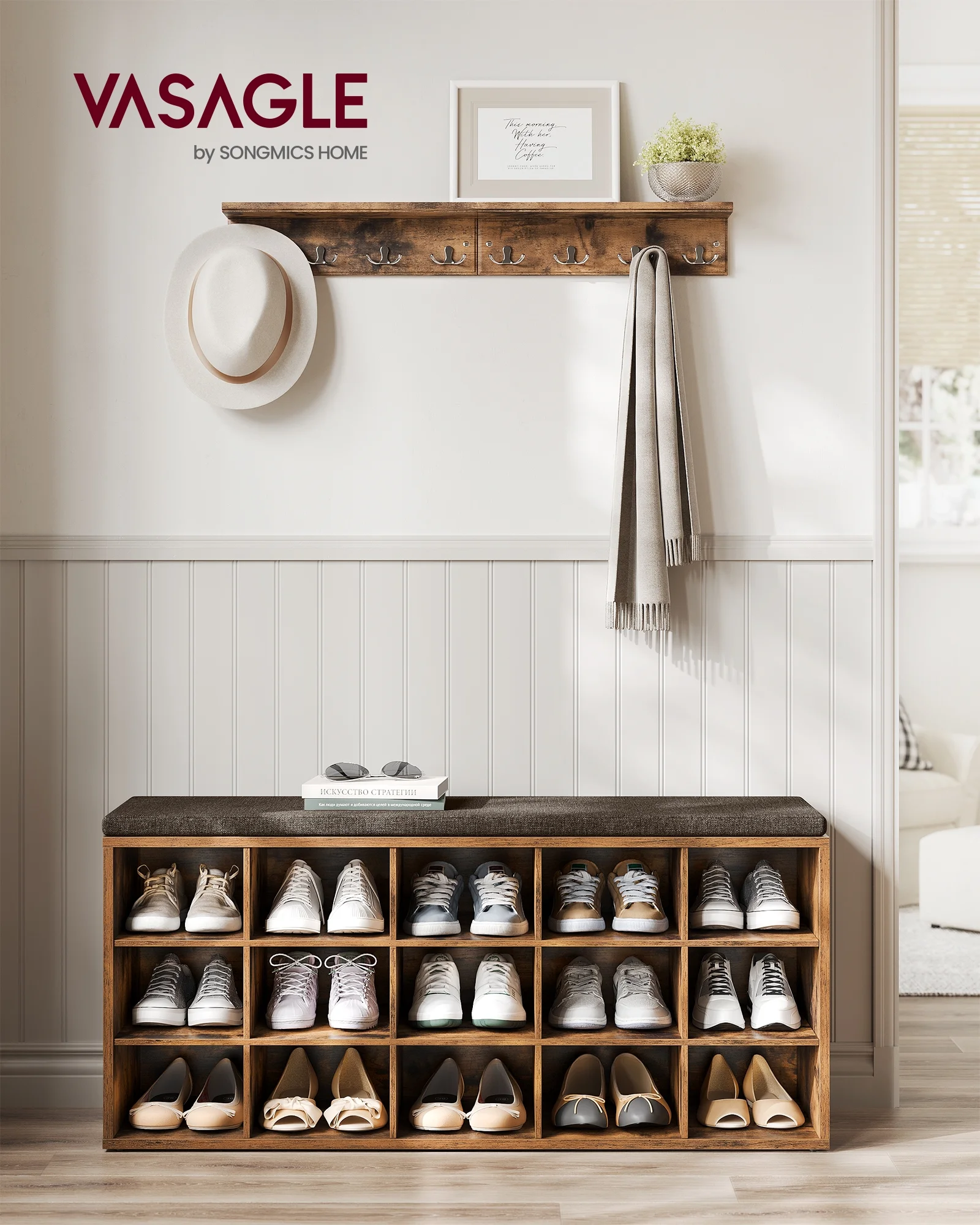 VASAGLE Shoe Rack Bench with Cushion 15 Compartments Storage Bench Shoe Bench for Entryway Rustic Brown