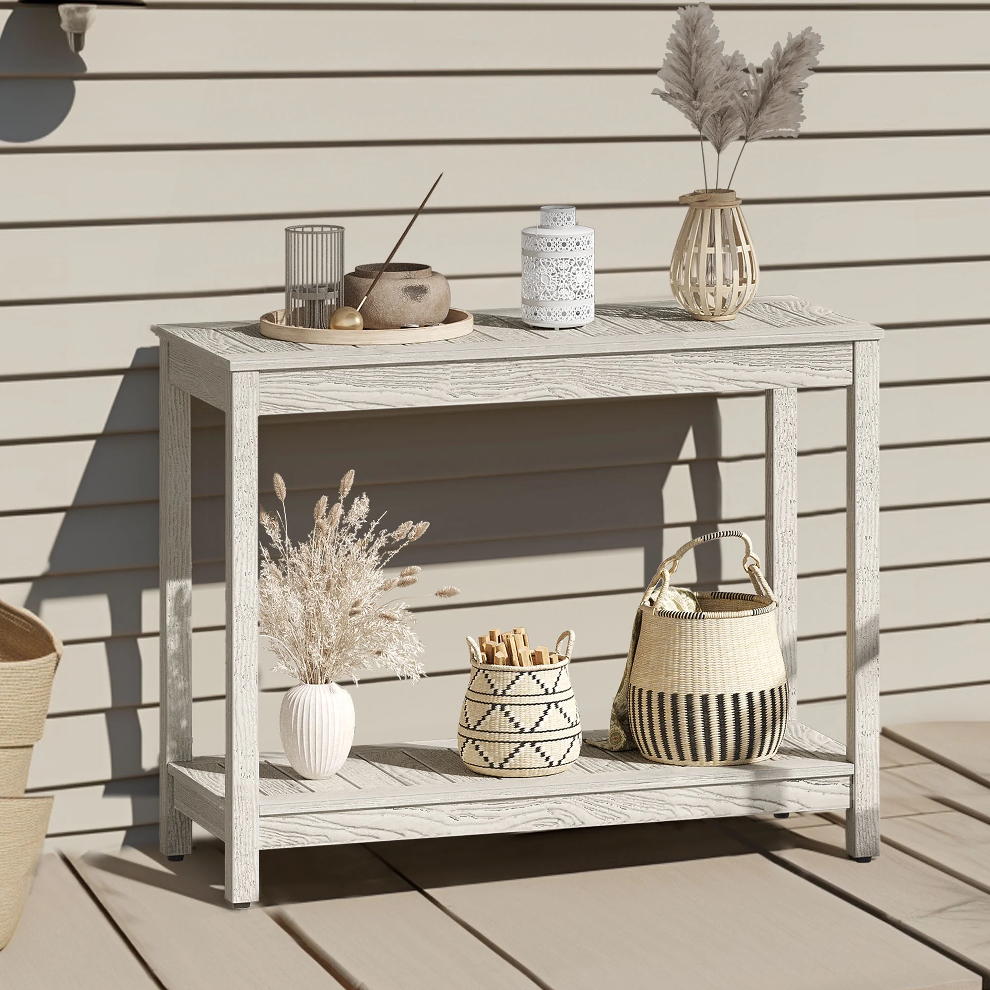 Dextrus 38.3in Modern Farmhouse Entryway Table, Wood Outdoor Console Table with Storage Shelves, Grey Wash