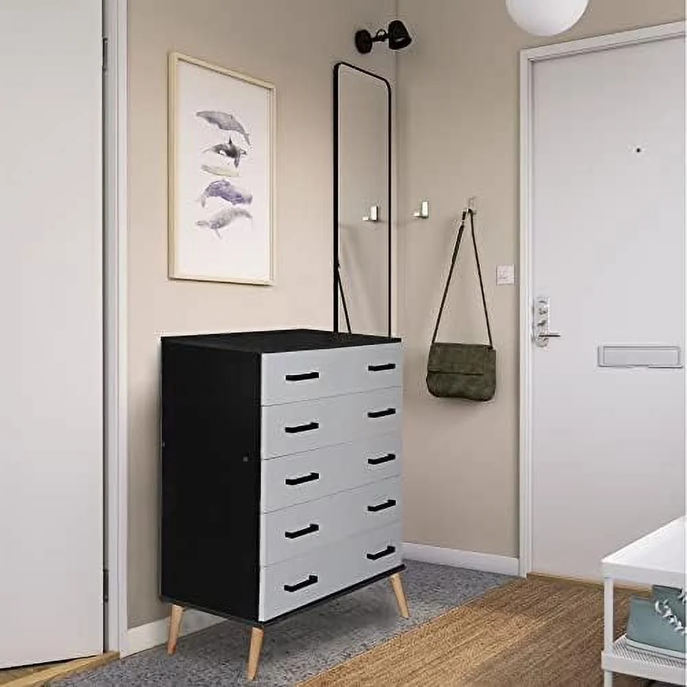 HBBOOMLIFE Eli Mid-Century Modern 5 Drawer Chest Dark Gray & Oak