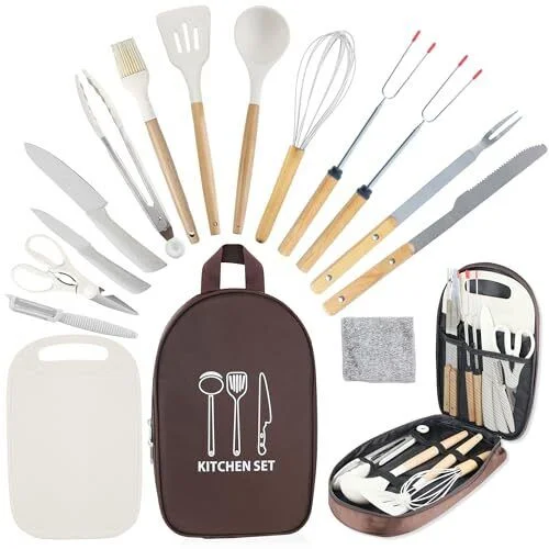 Camping Silicone Kitchen Utensils Cooking Equipment Brown Cooking Set 15pcs