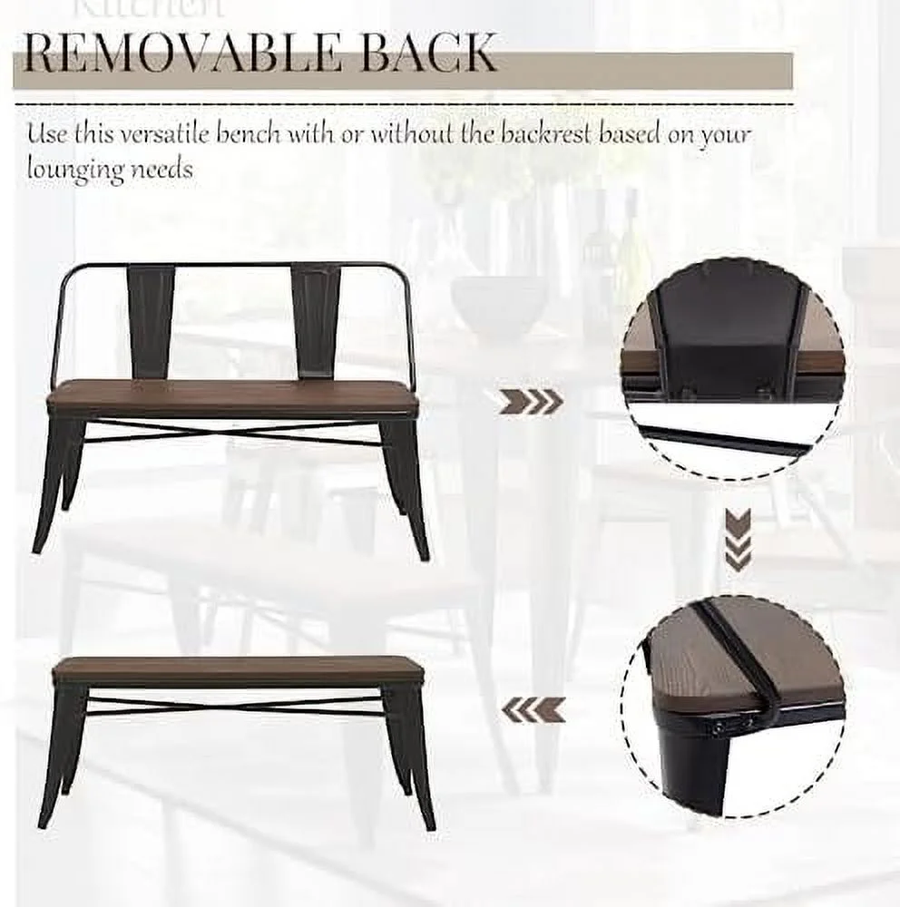 HYHBIBOOM Dining Bench  Entryway Bench with Back  Farmhouse Metal Dining Bench  Industrial Mid-Century 3 Person Rustic Spindle Bench  with Wood Seat  Removable Backrest  42in  Bronze