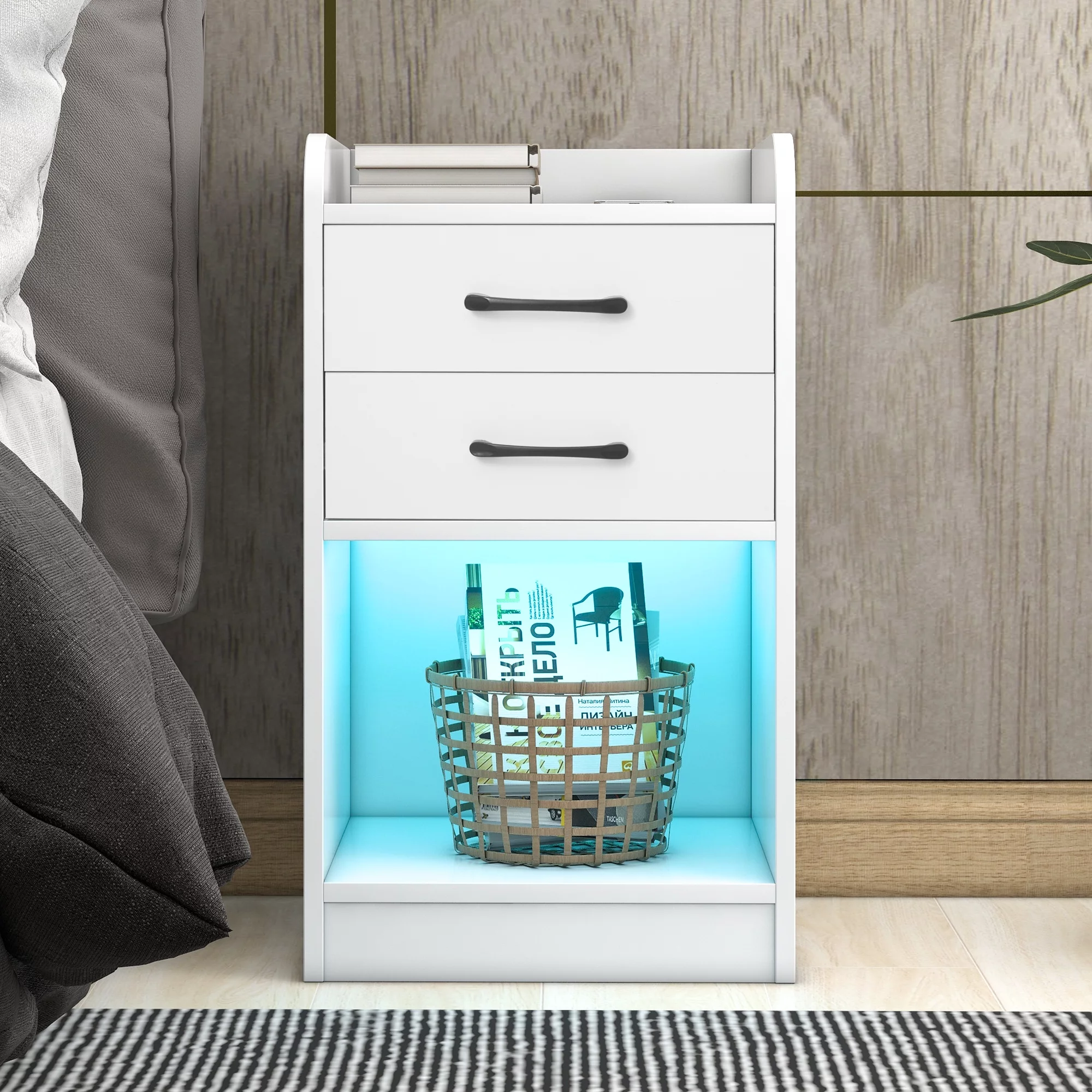 Seizeen White Nightstand with Wireless Charging Station, Modern End Side Table with Remote Control LED Lights, 2 Drawers and Cabinet, Nightstand Storage Cabinet for Bedroom, L0058