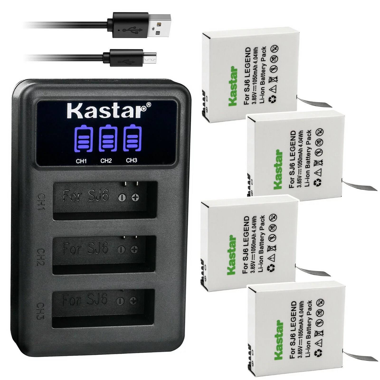 Kastar 4 Pack Battery and LCD Triple USB Charger Compatible with SJCAM SJ6 LEGEND SJCAM SJ 6 Battery, SJCAM SJ6 Legend 4K Action Camera, SJCAM SJ6 Legend Sport Camera, SJCAM SJ6 Pro 4K Action Camera