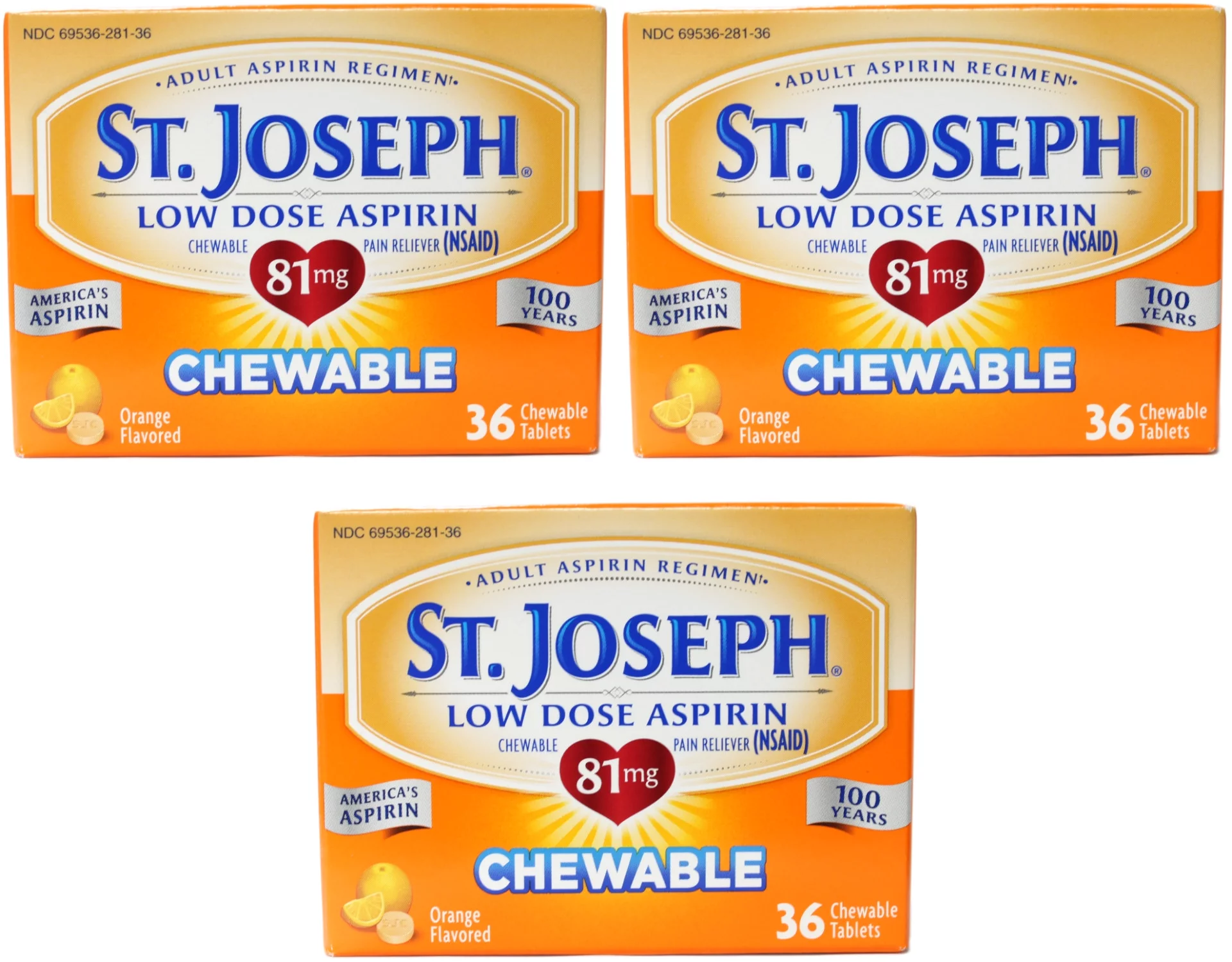 3 Pack St. Joseph Low Dose Aspirin Adult Aspirin Regimen 36 Chewable Tabs Each