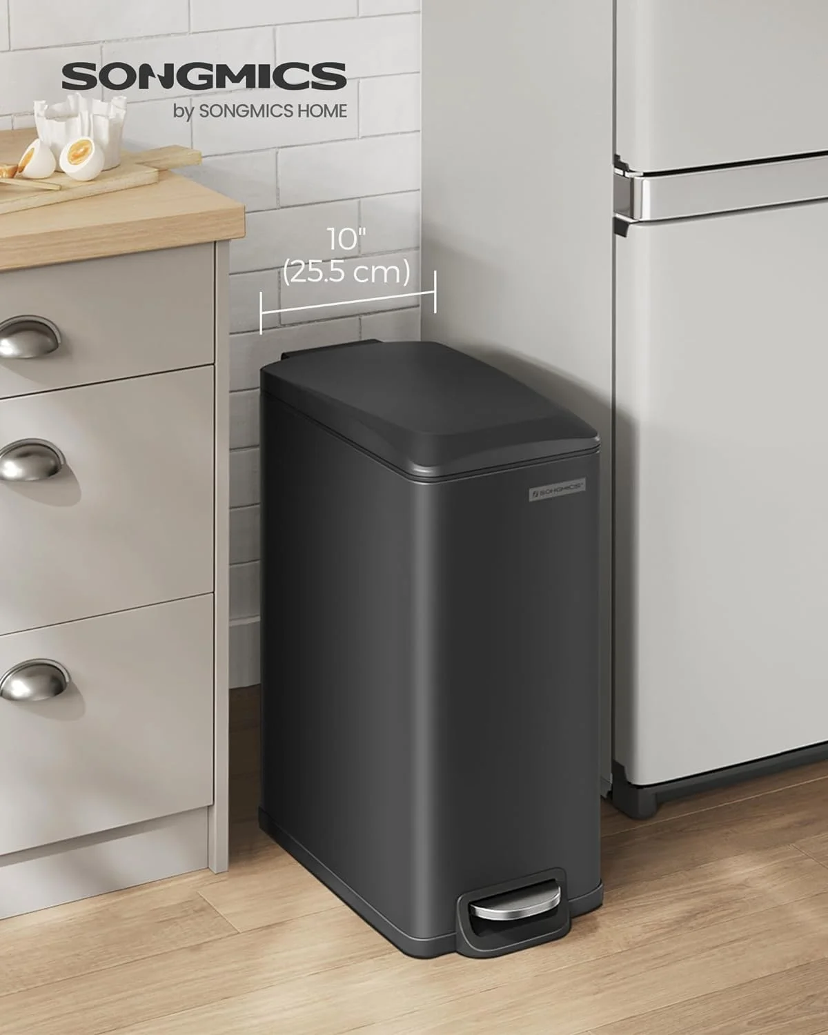 SONGMICS Slim Trash Can, 12.7 Gallon Garbage Can for Narrow Spaces with Soft-Close Lid, Black