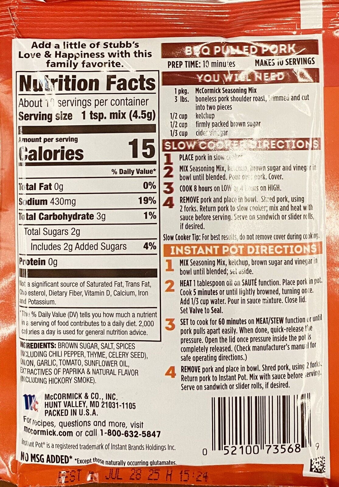 McCormick Slow Cooker STUBB'S BBQ PULLED PORK Mix Savory Herbs & Spices 1.6 oz