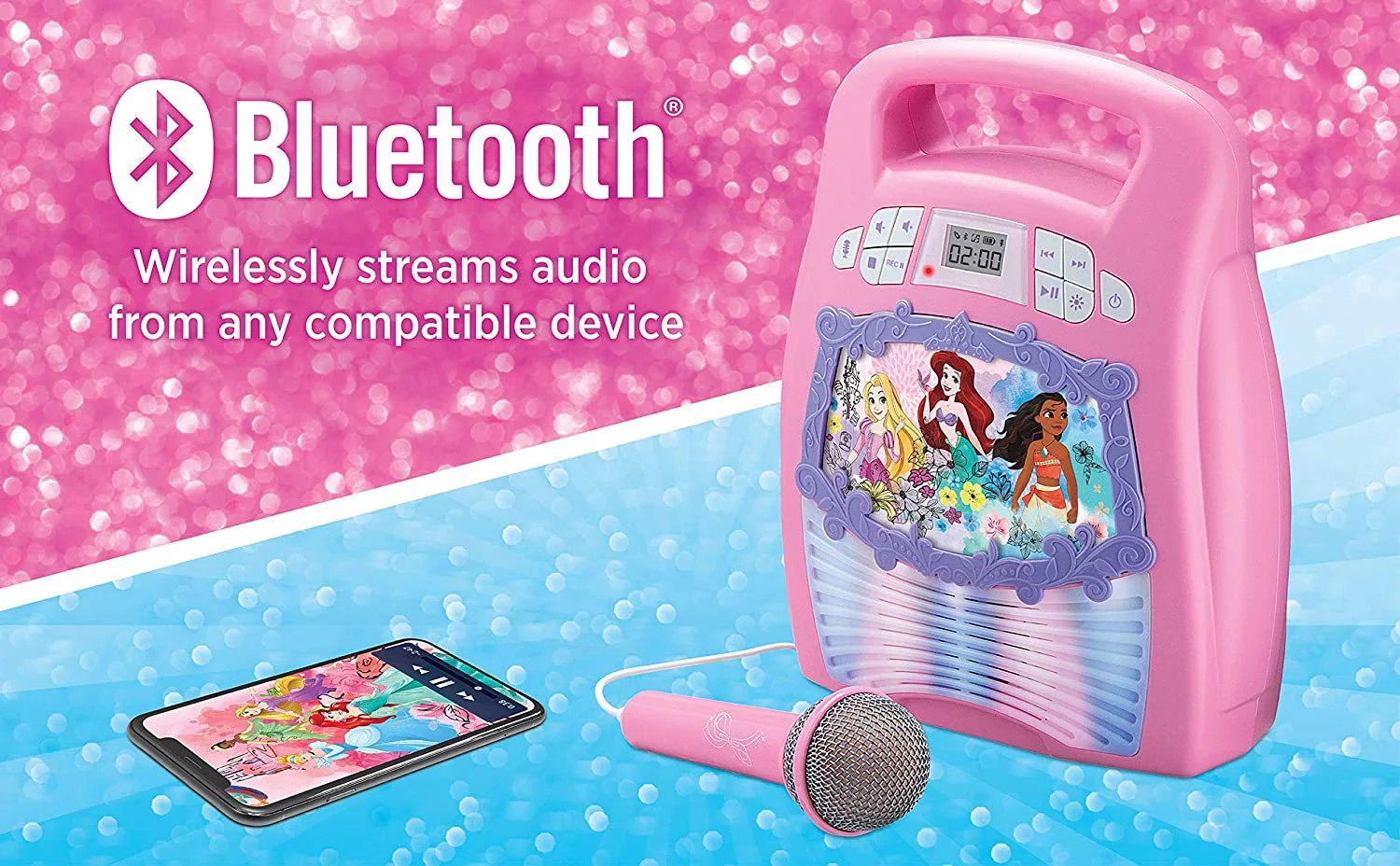 Disney Princess Karaoke Machine for Kids with Microphone and Bluetooth Speaker