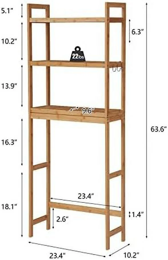 SQWCFD Over The Toilet   - 3-Tier  Bathroom Space Saver with Shelves and 6 Hooks Organizer Rack  Natural