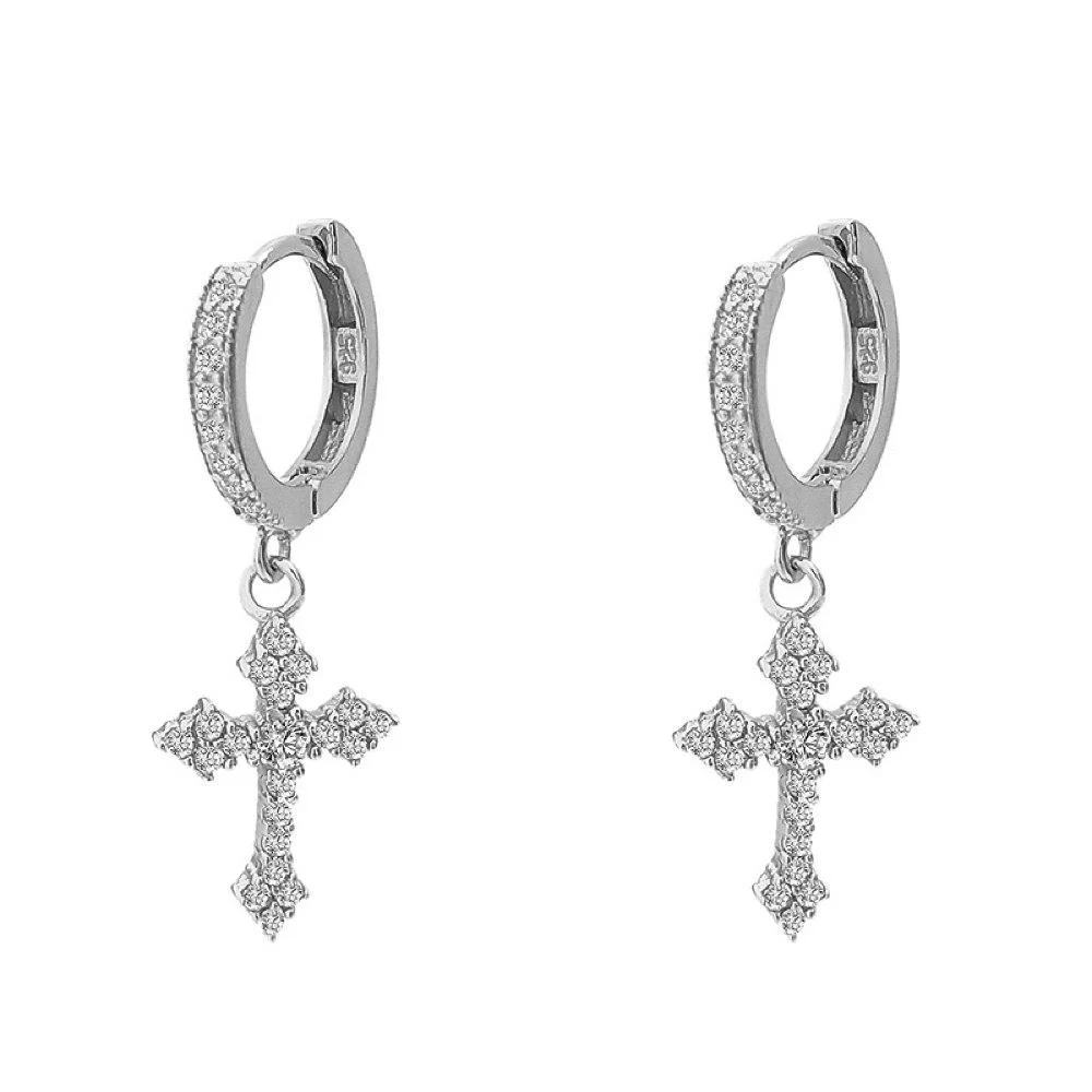 Dangling Antique Cross Hoop VVS Moissanite Earrings .925 Sterling Silver