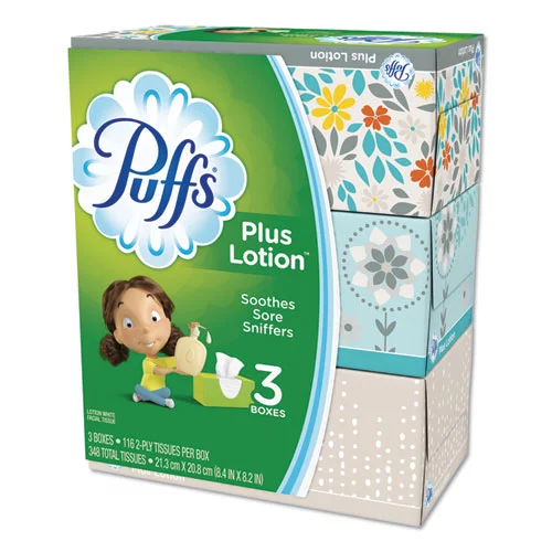 Plus Lotion Facial Tissue, White, 2-ply, 124/box, 3 Box/pack, 8 Packs/carton