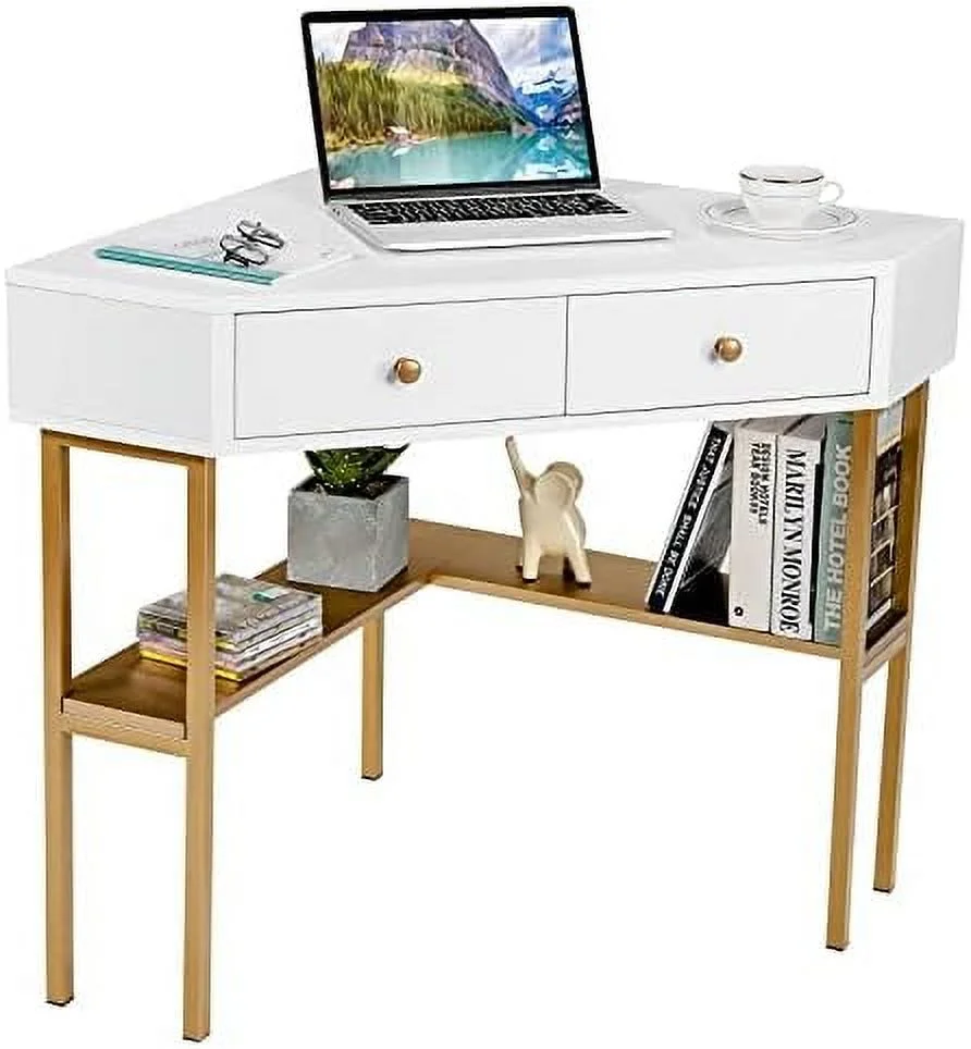 GVJMTKP Corner Desk with 2 Drawers  90 Degrees Triangle Corner Computer Desk for Small Space  Bedroom Corner  Vanity Desk with  Shelves & Steel Frame  Space Saving Corner Writing Desk