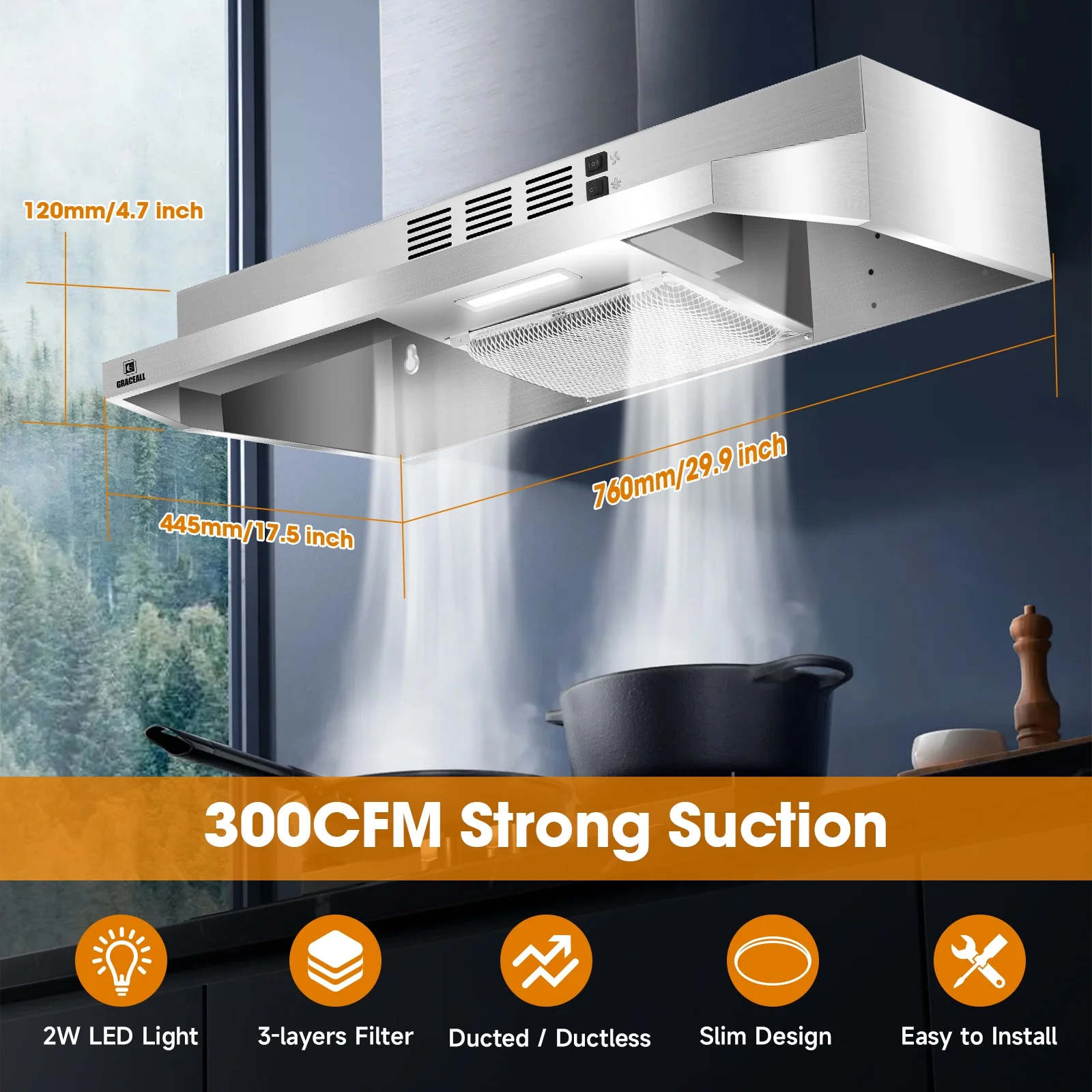 Under Cabinet Range Hood 30 Inch Ducted/Ductless Convertible Range Hood, Vent Hoods 30 Inches with 2 Speed Exhaust Fan, 2-layer Aluminum Filter, 300CFM(Hard Wire No Plug)