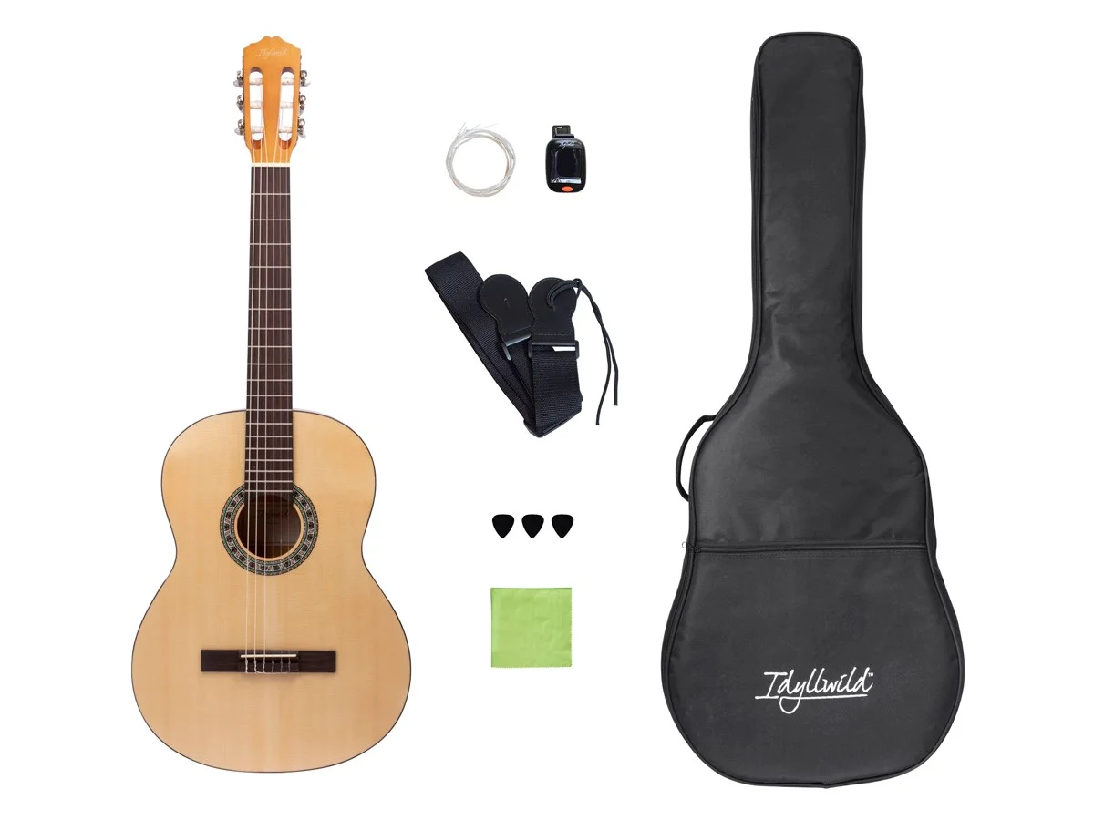 Monoprice Full-Size 4/4 Spruce Top Classical Nylon String Guitar Bundle with Complete Accessories and Gig Bag, For Adults and Children Over 11 - Idyllwild Series