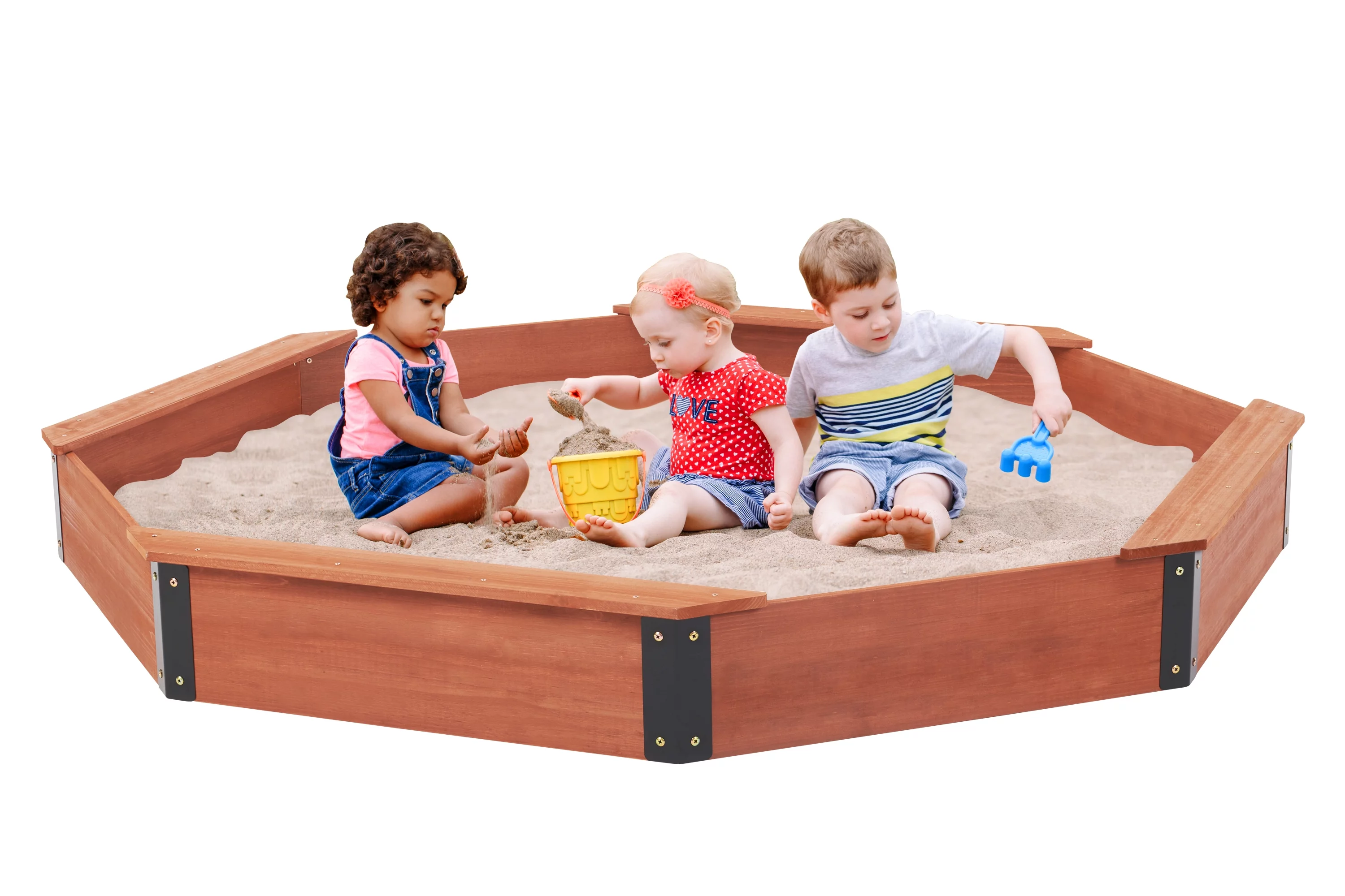 D-road Outdoor Wooden Kids Octagon Sandbox W/ Cover, Bottomless W/ Liner for Backyard Garden Play, Brown