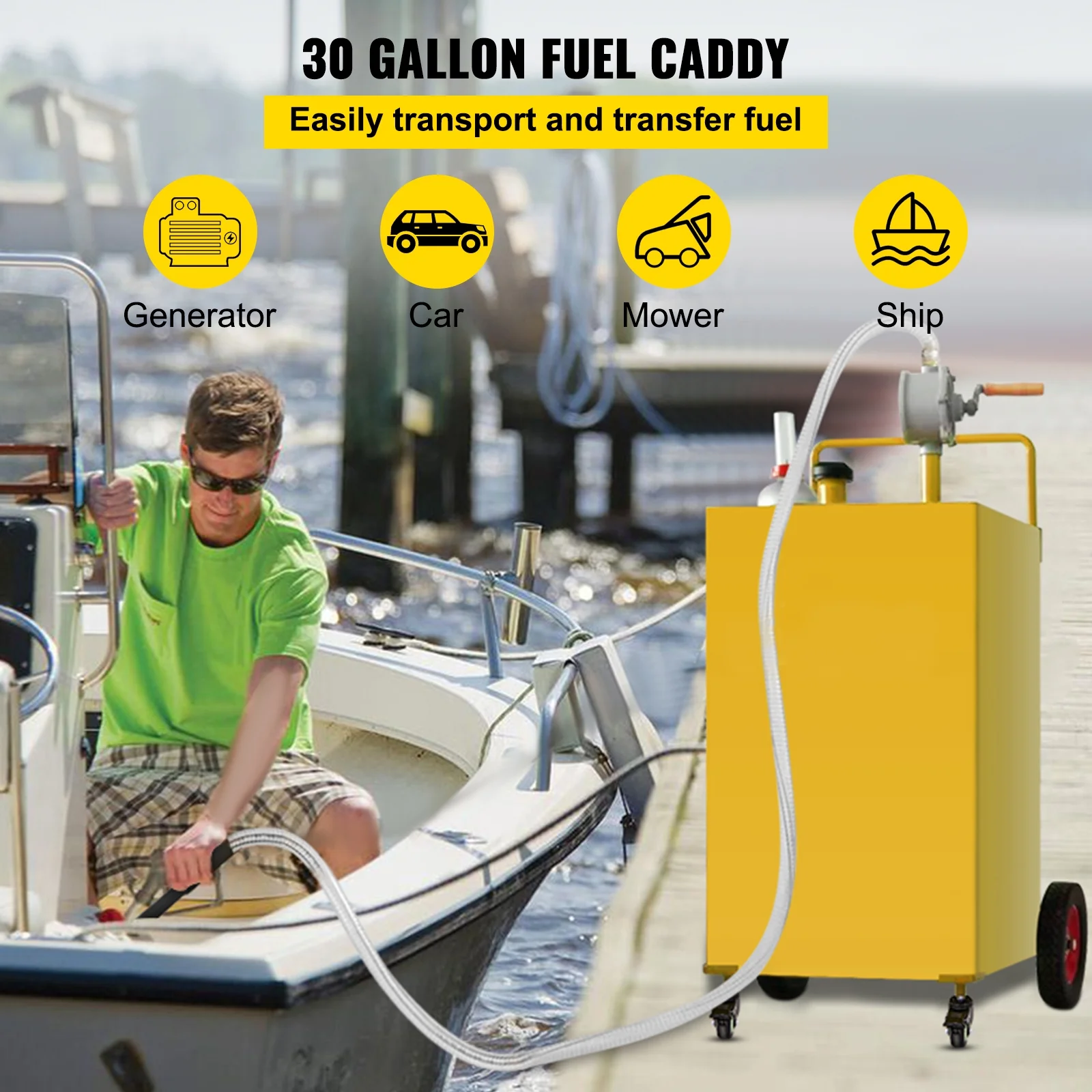 SKYSHALO Fuel Caddy, 30 Gallon, Gas Storage Tank & 2 Wheels, with Manuel Transfer Pump, Gasoline Diesel Fuel Container for Cars, Lawn Mowers, ATVs, Boats, More, Yellow