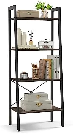 HBROLJF Ladder Bookshelf  4-Tier Industrial Wood Bookcase w/Metal Frame  Anti-Toppling Device  Freestanding Ladder  Plant Stand for Small Space  Living Room (Rustic Brown  4-Tier)