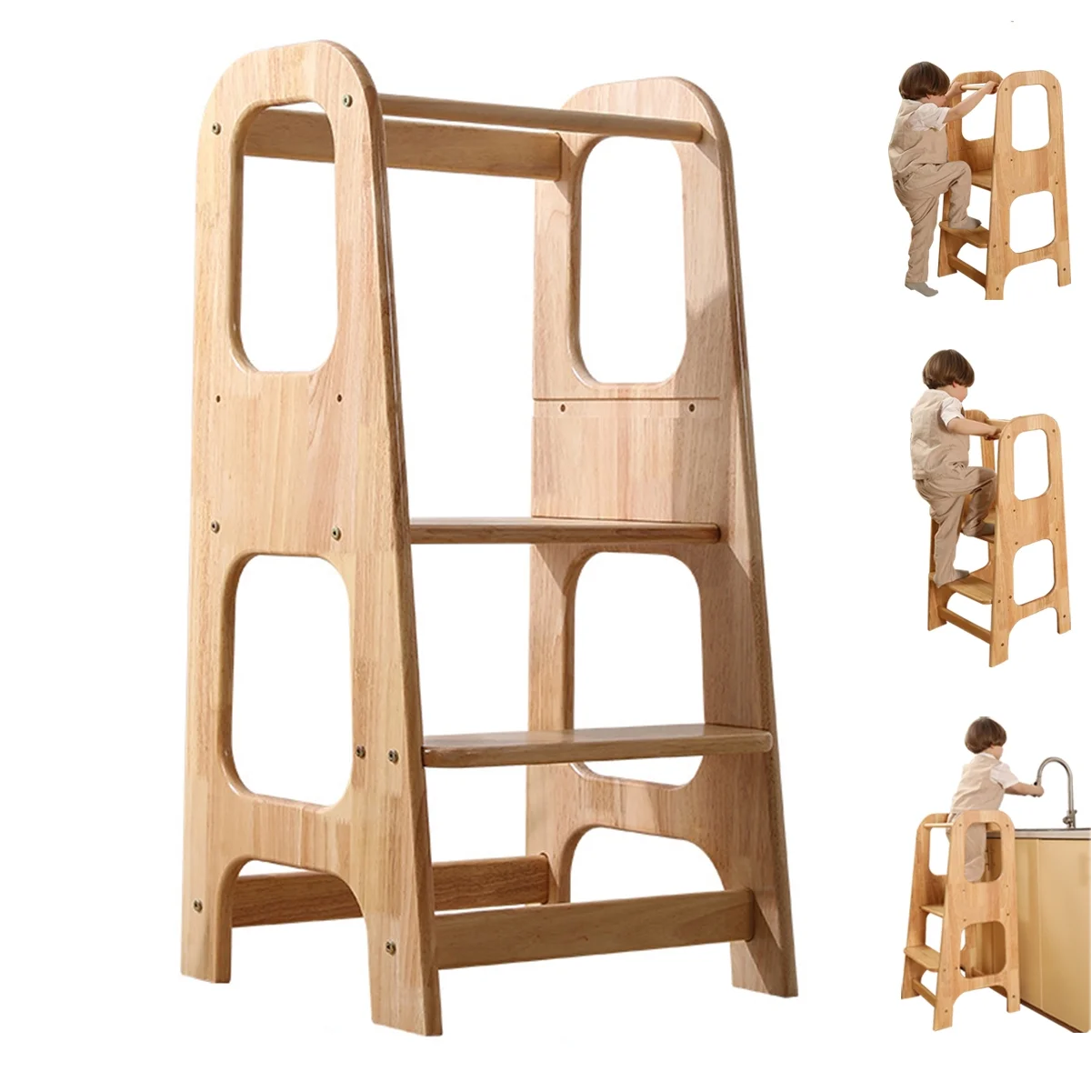 Kitchen Step Stool for Kids, Toddler 2 Step Stool for Sink, Adjustable Height Wooden Learning Furniture