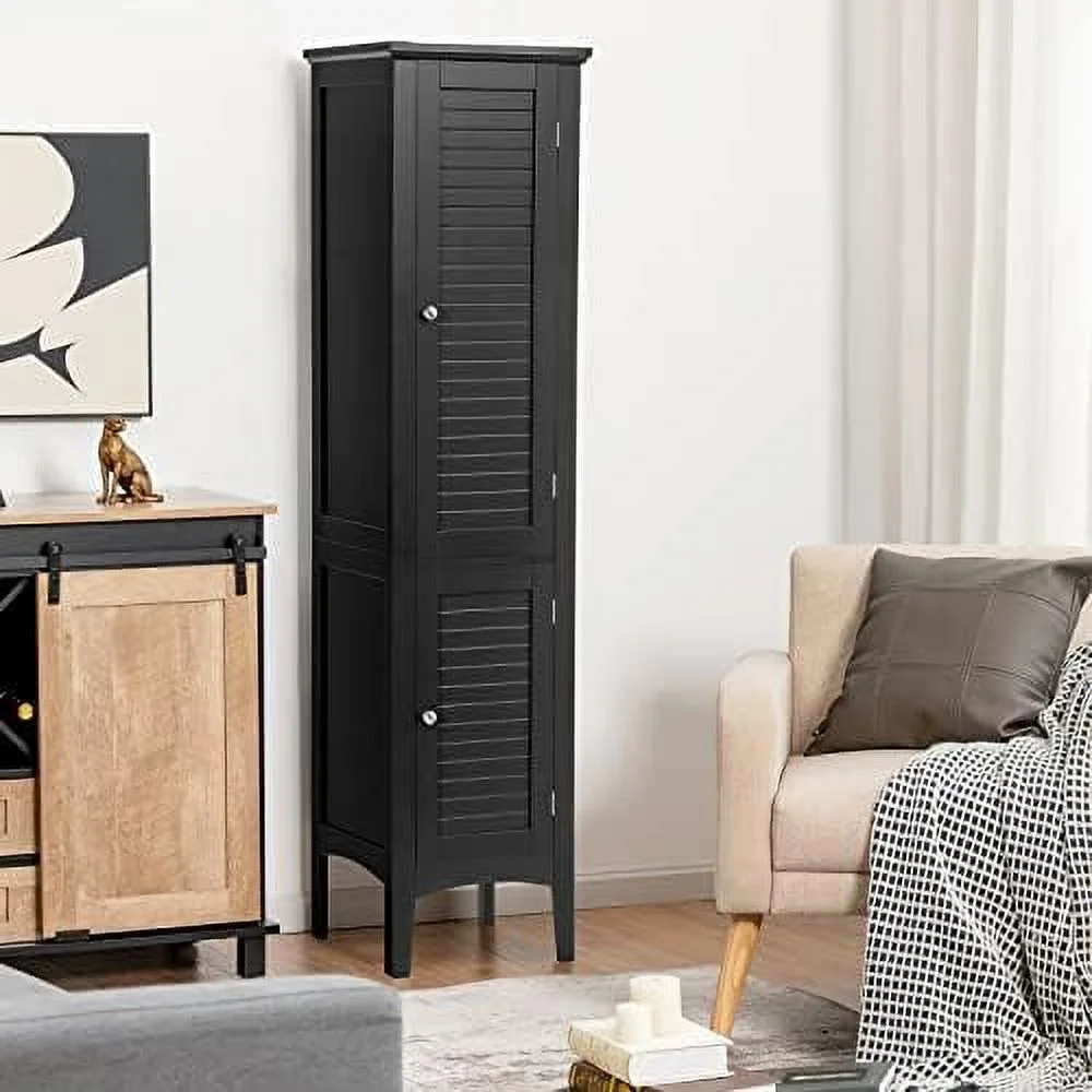 GVJMTKP Tall Bathroom  Cabinet  5-Tier Freestanding Linen Tower Cabinet with 2 Doors  Wooden Side  Organizer  Narrow Slim Floor Cabinet for Bathroom  Living Room  Kitchen (Black)