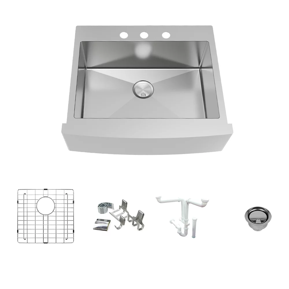 Transolid KKM-DTSSF302510-3 Diamond 29.8-in L x 25-in W Super Single Bowl Farmhouse Apron Front Kitchen Sink and Accessories Kit with 3 Pre-Drilled Holes in Stainless Steel