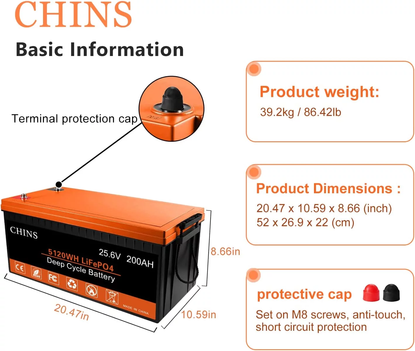 CHINS Bluetooth Smart LiFePO4 Battery 24V 200Ah Lithium Iron Battery Built-in 200A BMS for RV